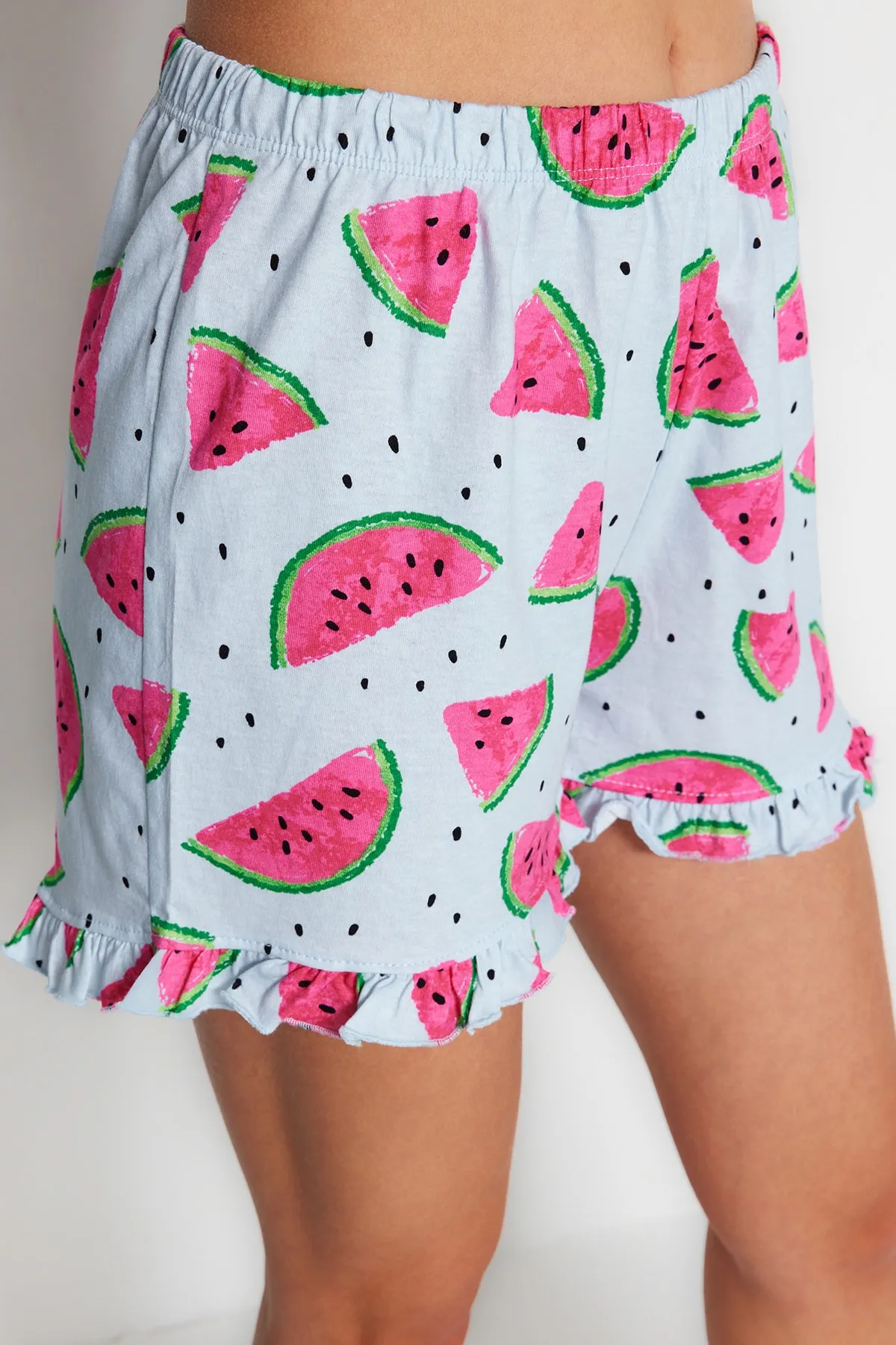 Trendyol Collection  Hellblaues Pyjama-Set aus 100 % Baumwolle mit Wassermelonenmuster und Rüschen, Hemd und Shorts, Strick, THMSS21PT0670