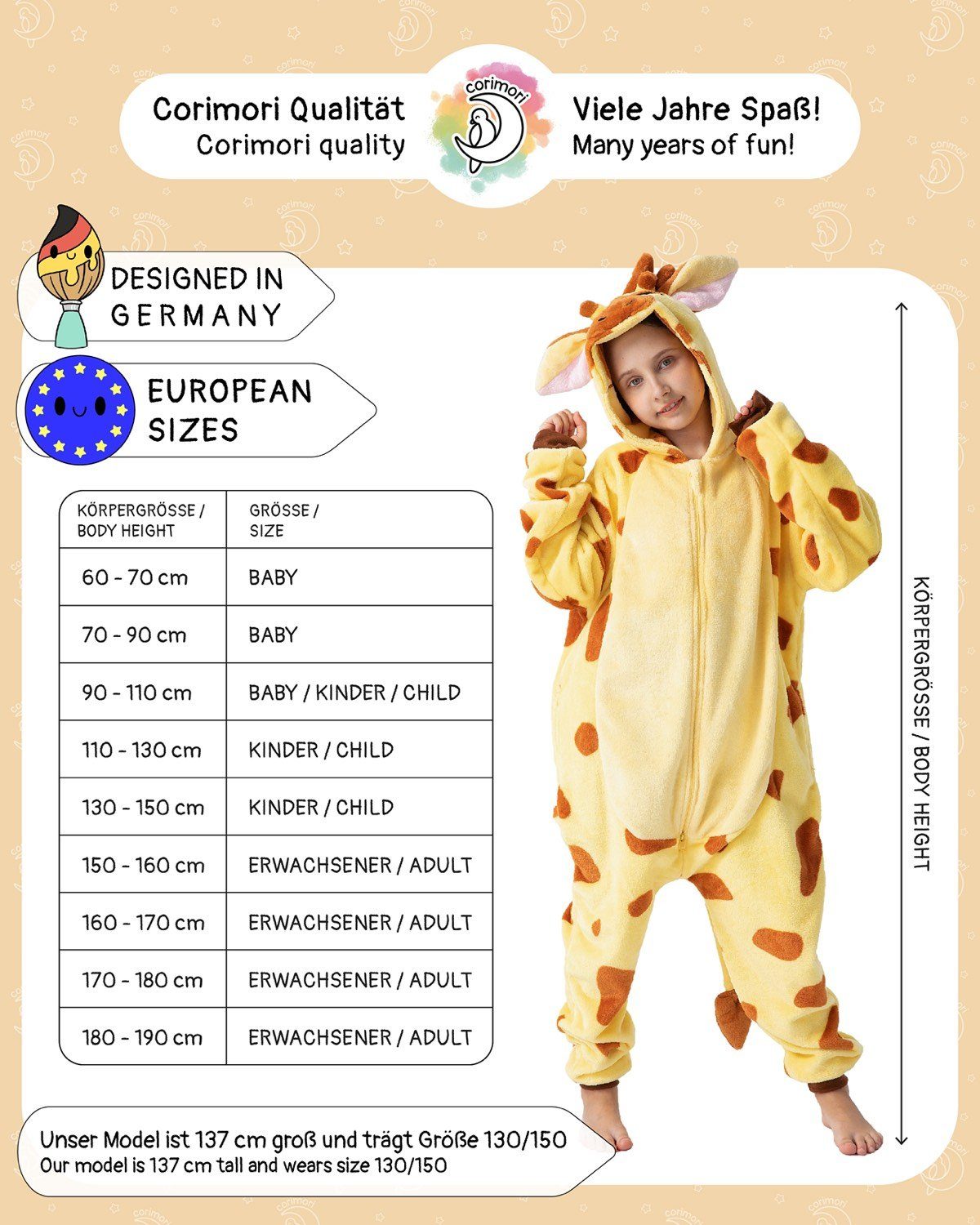 Corimori Jumpsuit Onesie Giraffe, kuscheliges Kostüm für Kinder (2-tlg) Karneval, Fasching, Jugendliche, Mädchen, Jungen, Tierkostüme