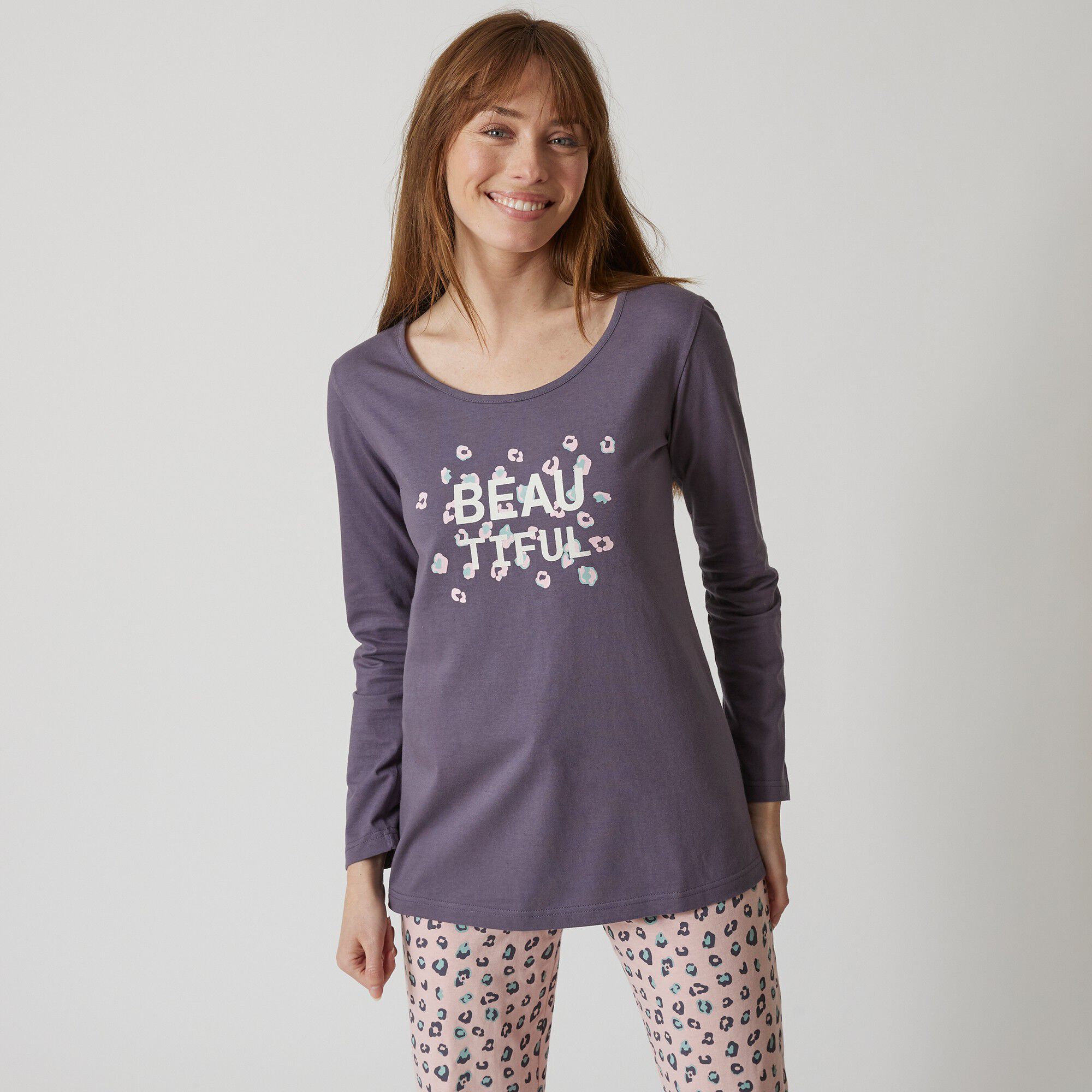 Tee-shirt manches longues coton uni imprimé placé 