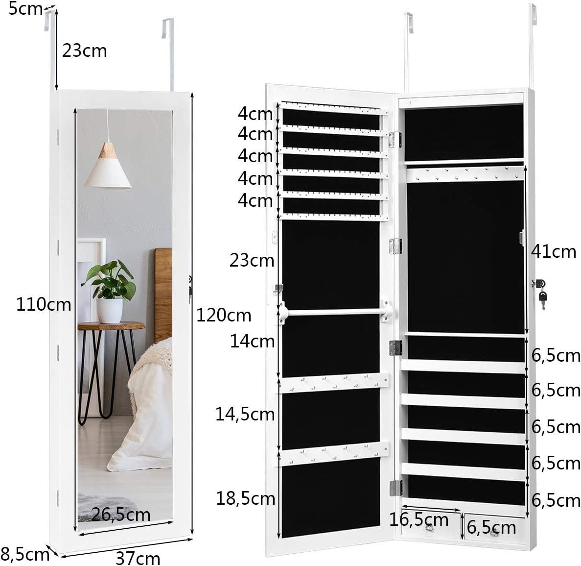 COSTWAY Schmuckschrank abschließbar, hängend Tür und Wandmontage, 15 LED