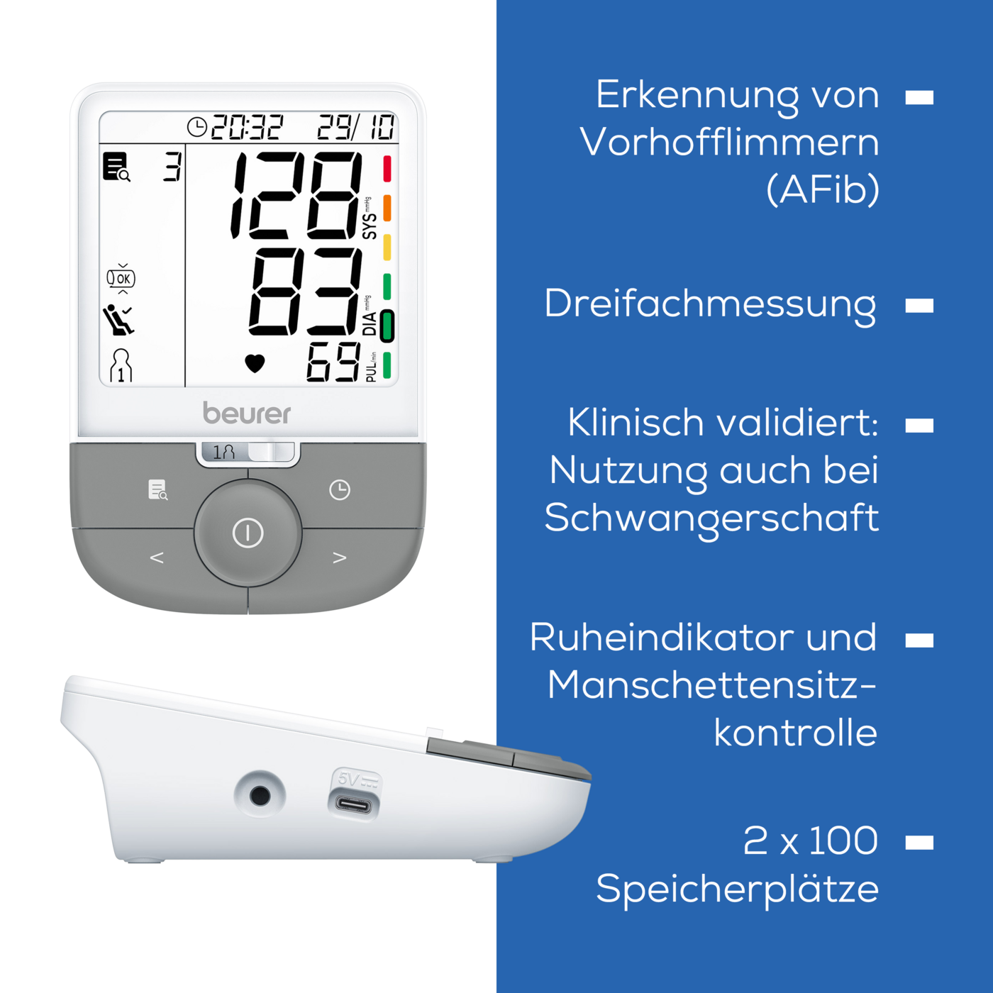 Beurer Oberarm-Blutdruckmessgerät BM 53-Vollautomatische Blutdruck- und Pulsmessung mit erweiterter Arrhythmieerkennung