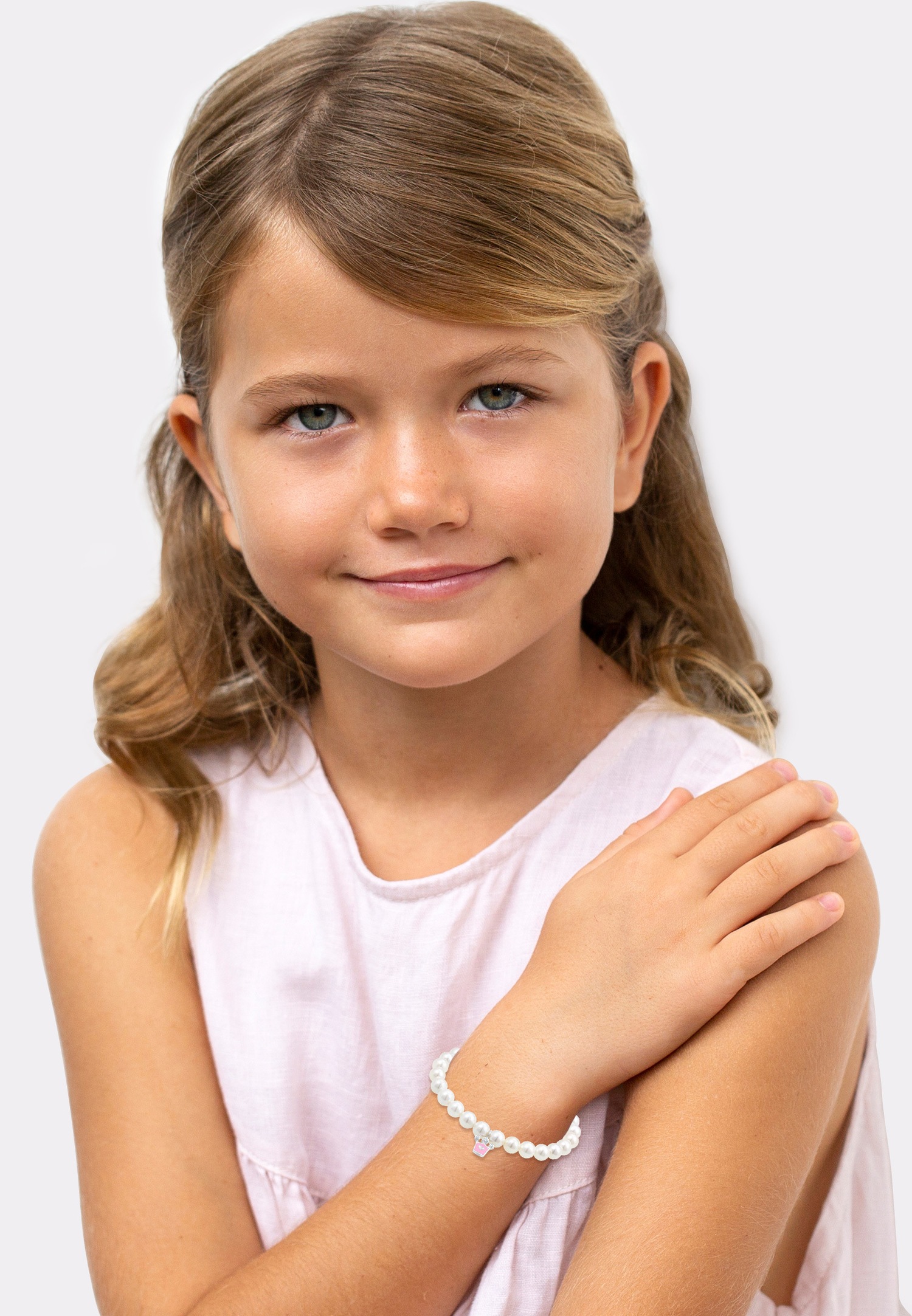 Elli Crown Emaille-Armband mit rosa Muschelperlen und Kristallen für Kinder (925/1000 Silber)