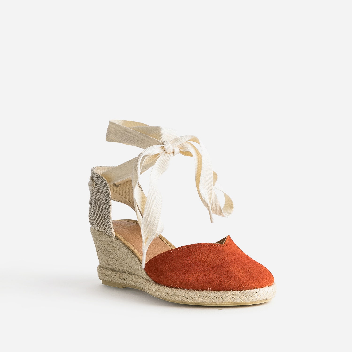 Espadrille compensée orange en cuir velours