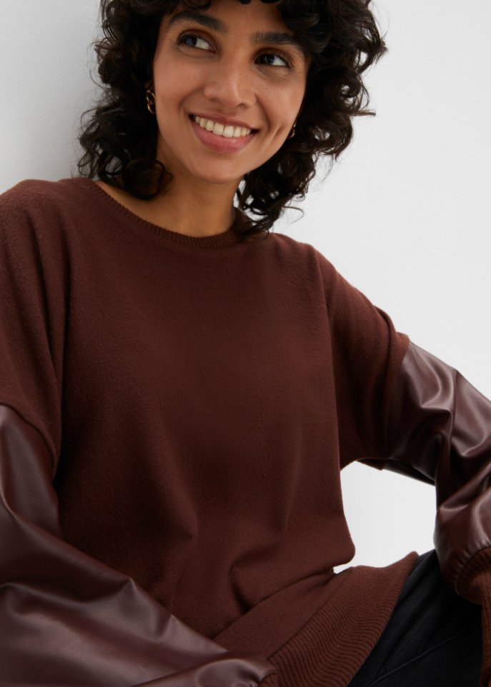 Strickshirt mit Lederimitatärmeln