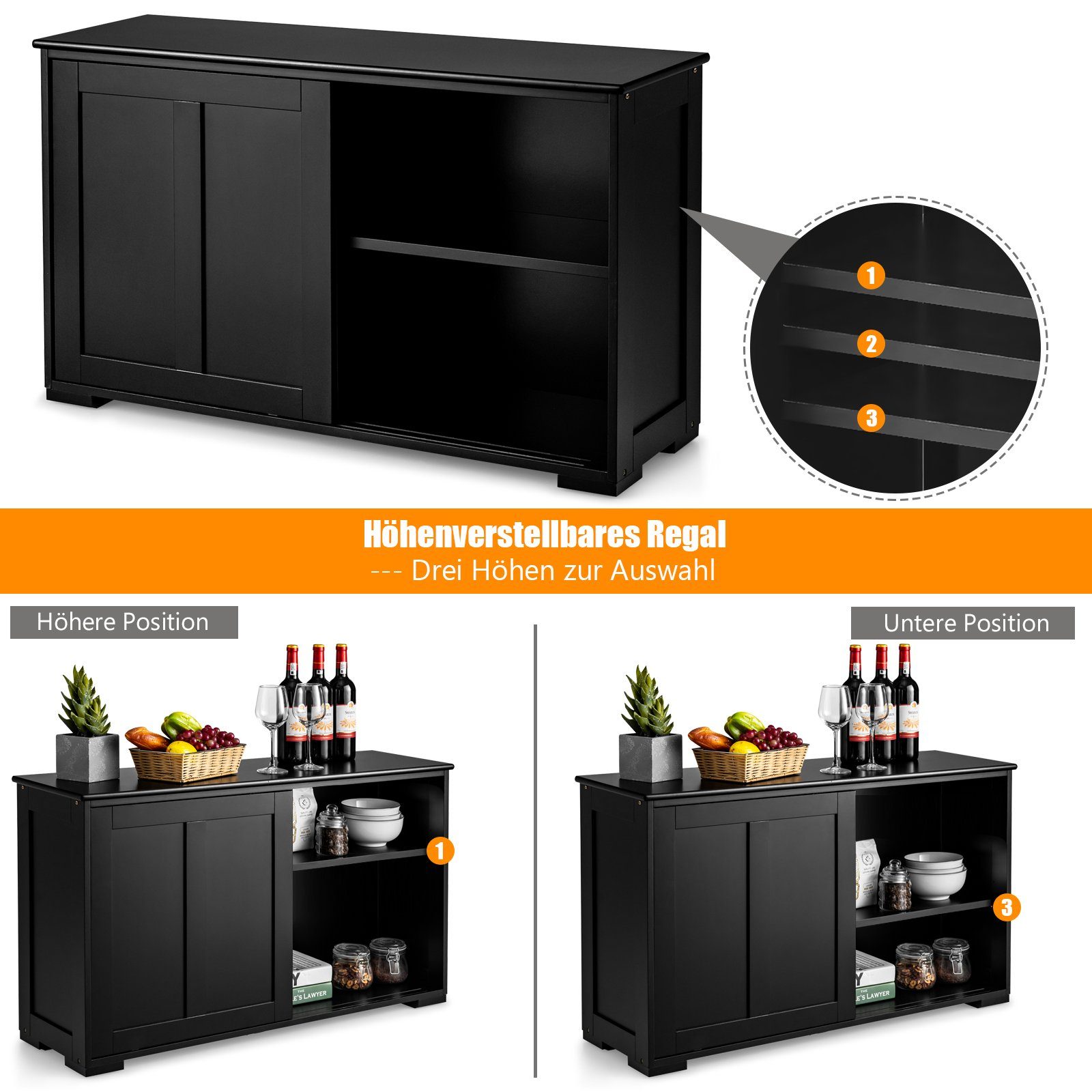 COSTWAY Sideboard, mit Schiebetüren, höhenverstellbarer Ablage, 107x33x60cm