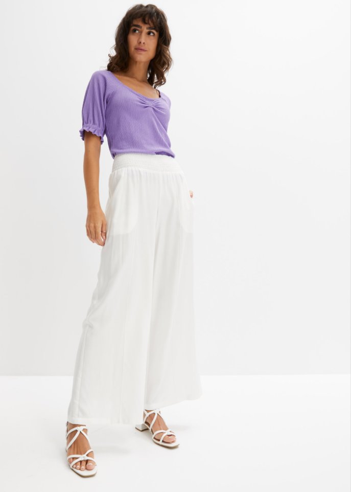 Weite Hose aus Viscose mit High-Waist-Smockbund, Crepegewebe