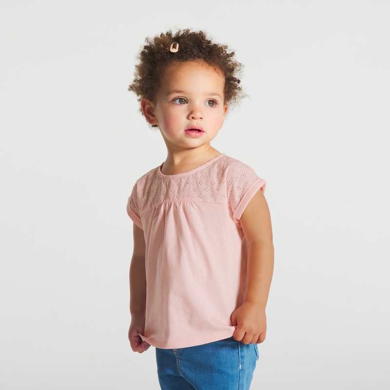 T-shirt bi-matière broderie anglaise rose bébé fille