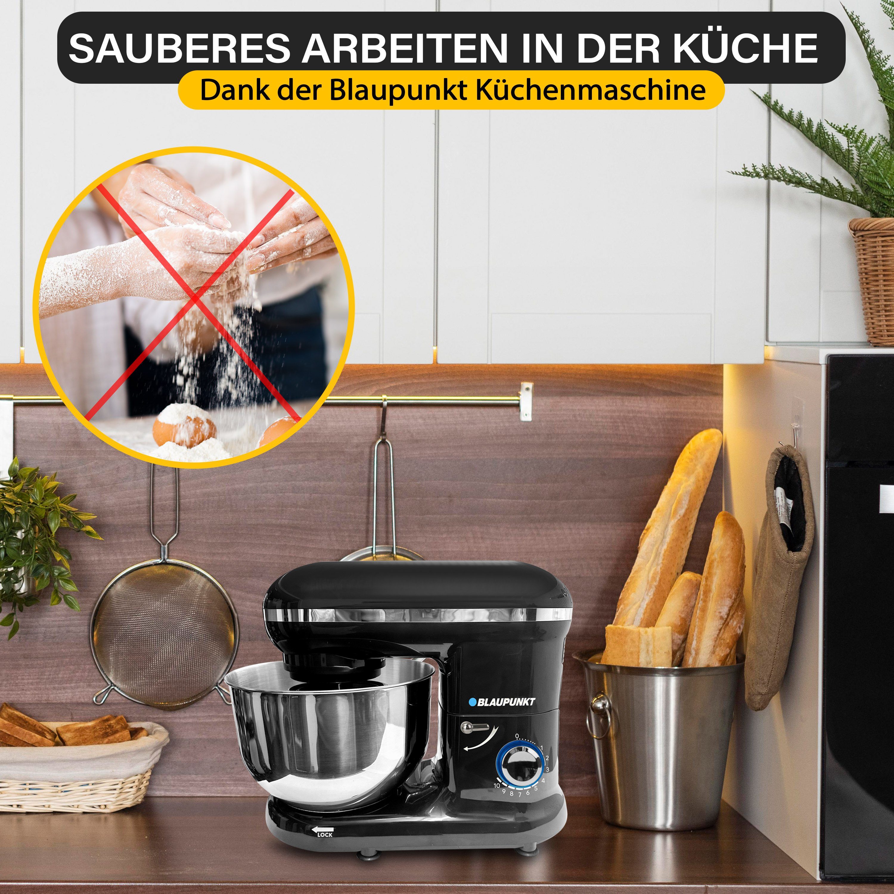 Blaupunkt Küchenmaschine MEN787 Küchenmaschine, Knetmaschine, Rührmaschine mit Knethaken, 1300 W, 5,50 l Schüssel, Edelstahl, 10 Stufen Mischen Schlagen Kneten, Knetmaschine für teig
