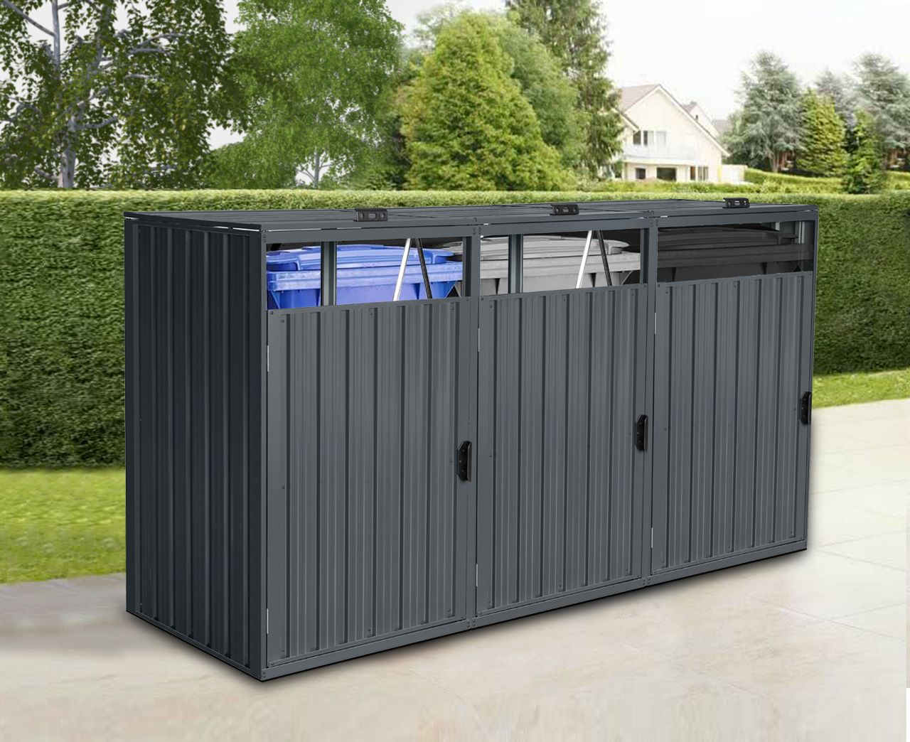 HC Garten & Freizeit Mülltonnenbox für 3x Mülltonnen mit aufklappbaren Dach & Griff BSW-MK3