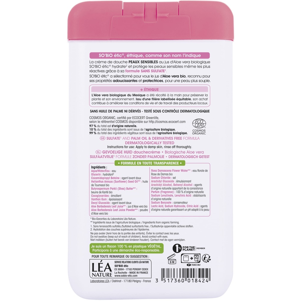 LÉA NATURE SO BiO étic Douche crème peaux sensibles, au jus d'Aloe vera bio, protège Douche crème