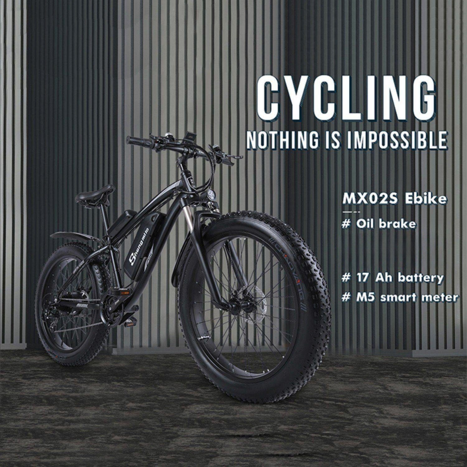 Shengmilo E-Bike MX02S 17AH 35km/h, 7 Gang Shimano TX55 Schaltwerk, Kettenschaltung, Heckmotor, 17,00 Wh Wiederaufladbare Batterien, (Set, Mit Batterieladegerät Mit Heckrahmen mit Luftpumpe), Elektrische Mountainbikes für alle Geländearten