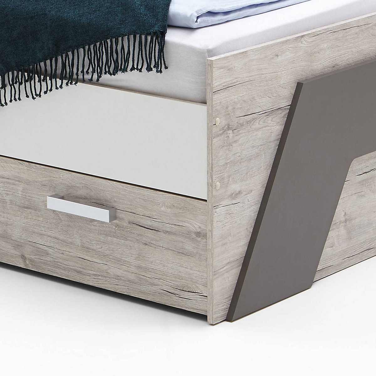 Jugendzimmer Komplett-Set mit Bett 140x200 cm mit Kleiderschrank LEEDS-10 in Sandeiche Nb. mit weiß, Lava und Denim Blau