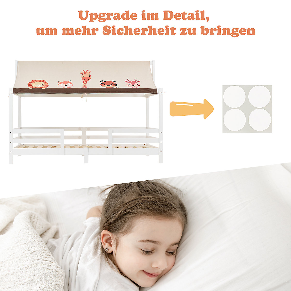 Hausbett 90x200 cm mit Stoffzeltaufsatz und Rausfallschutz