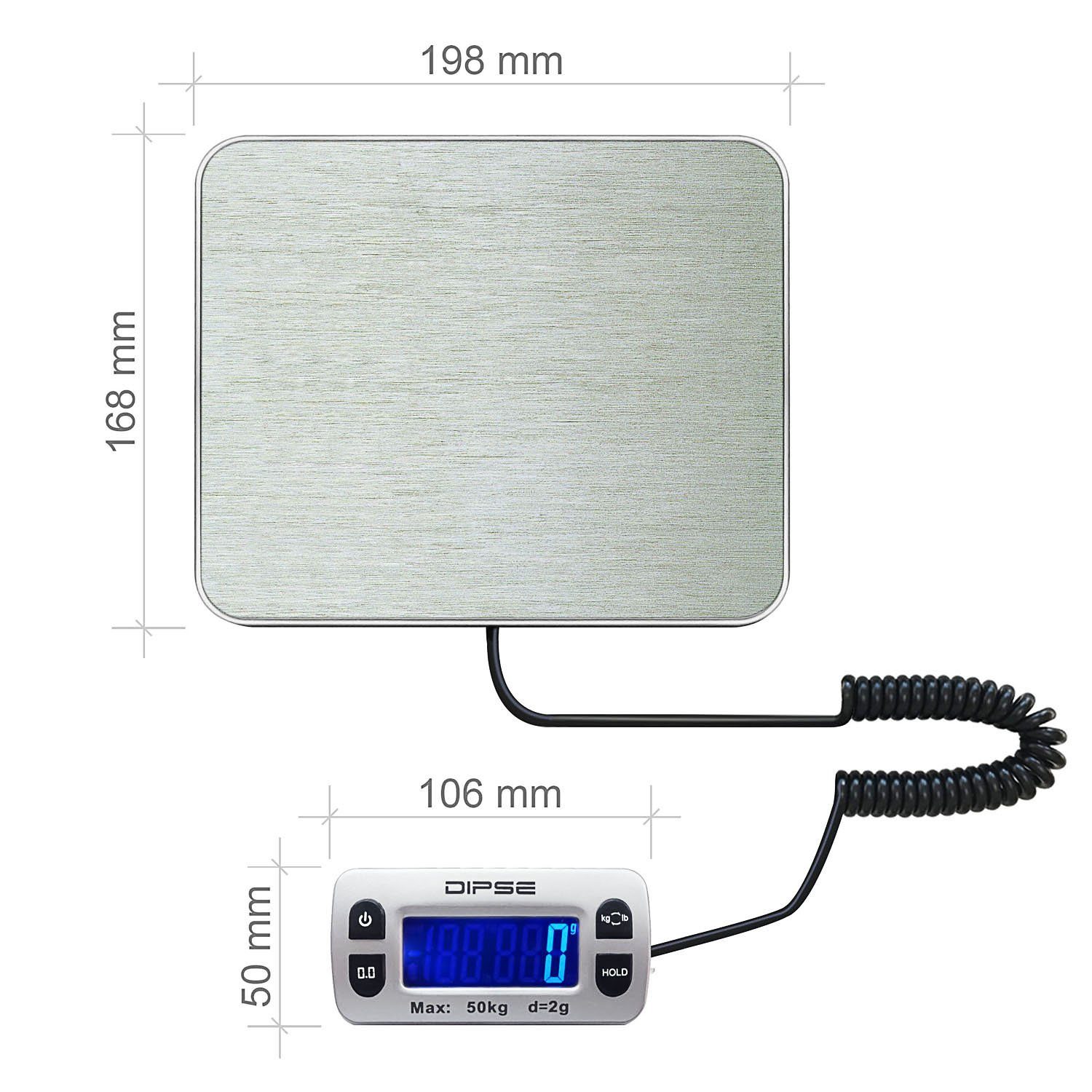 Dipse Feinwaage Paketwaage Parcel Mini 50 Edelstahl, externes Display 50kg 2g