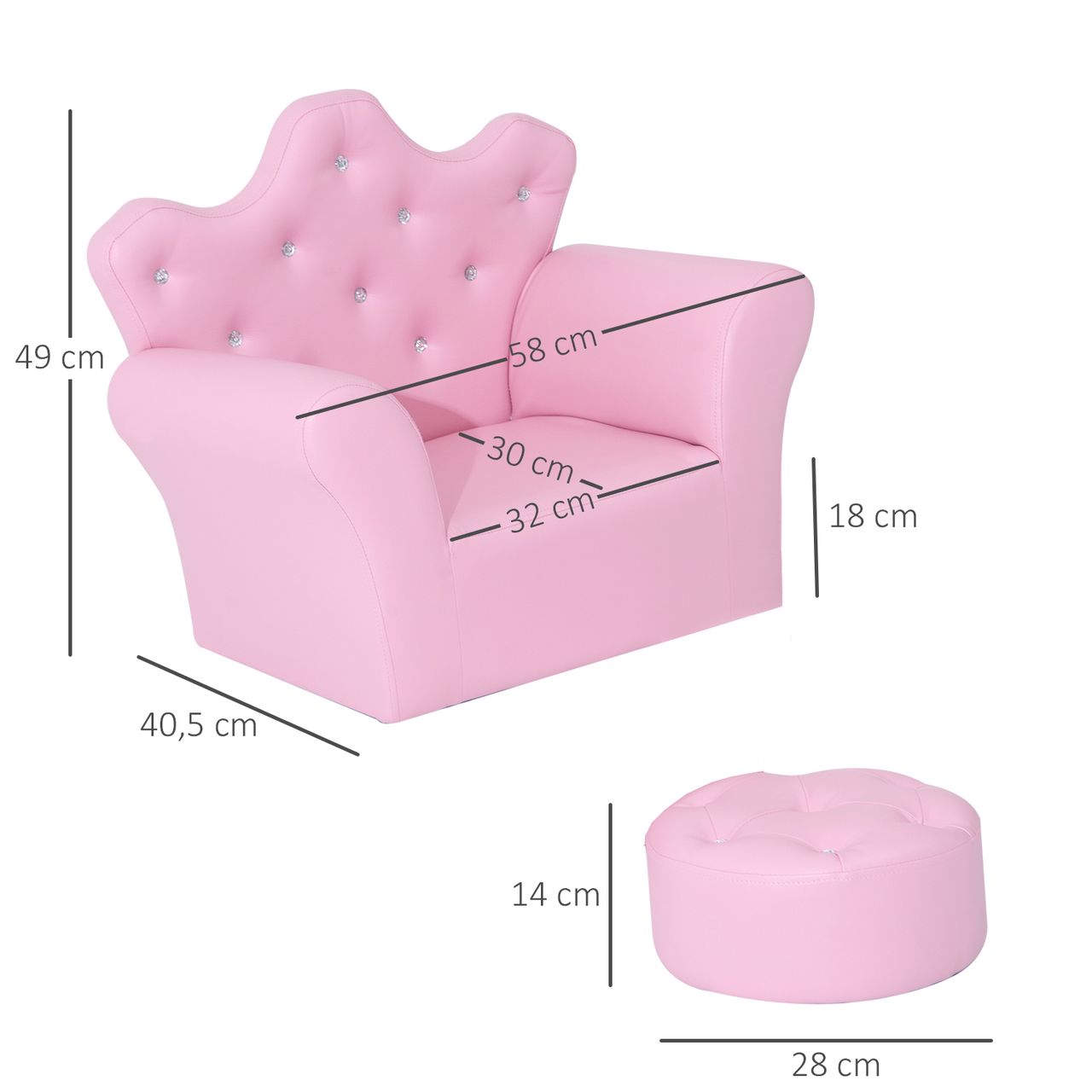 HOMCOM Kindersofa mit Ottomane Kindercouch in Kronenform Kindersessel Rosa