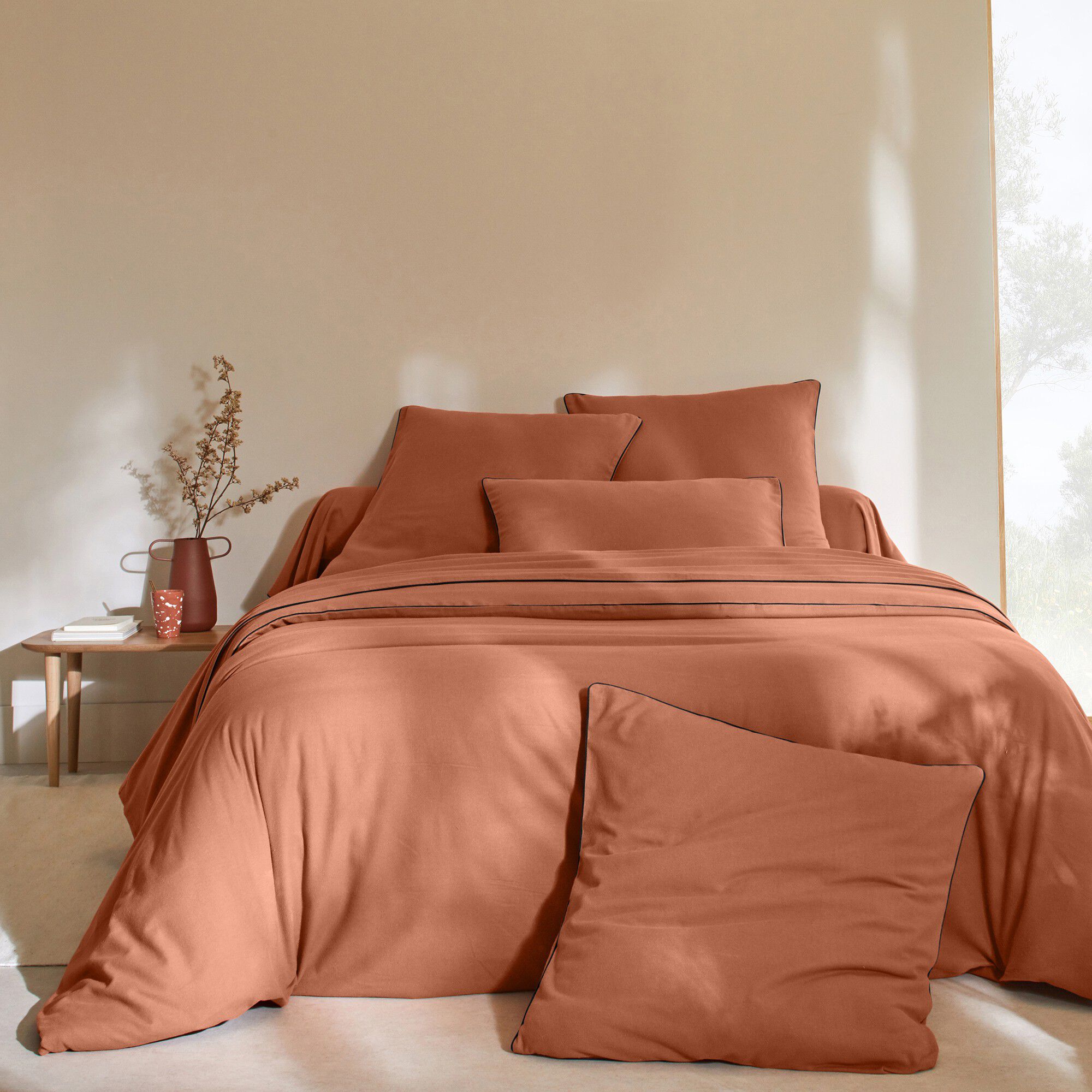Linge de lit uni flanelle passepoil contrasté, collection 