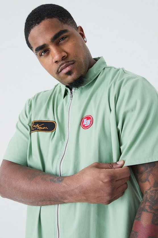 Plus Short Sleeve Twill Zip Moto Shirt