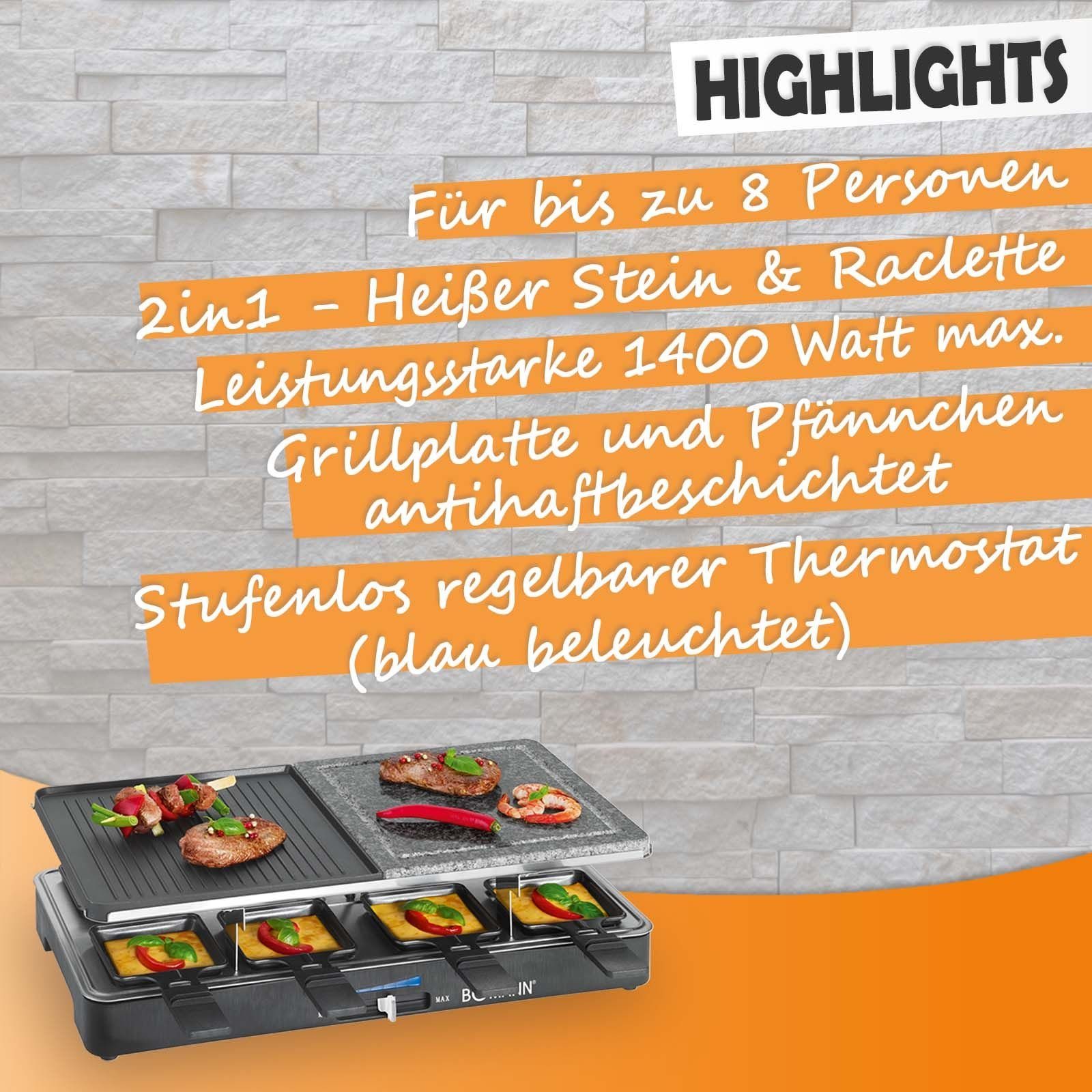 bmf-versand Raclette Raclette Grill für 8 Personen inkl Pflegetuch Heißer Stein