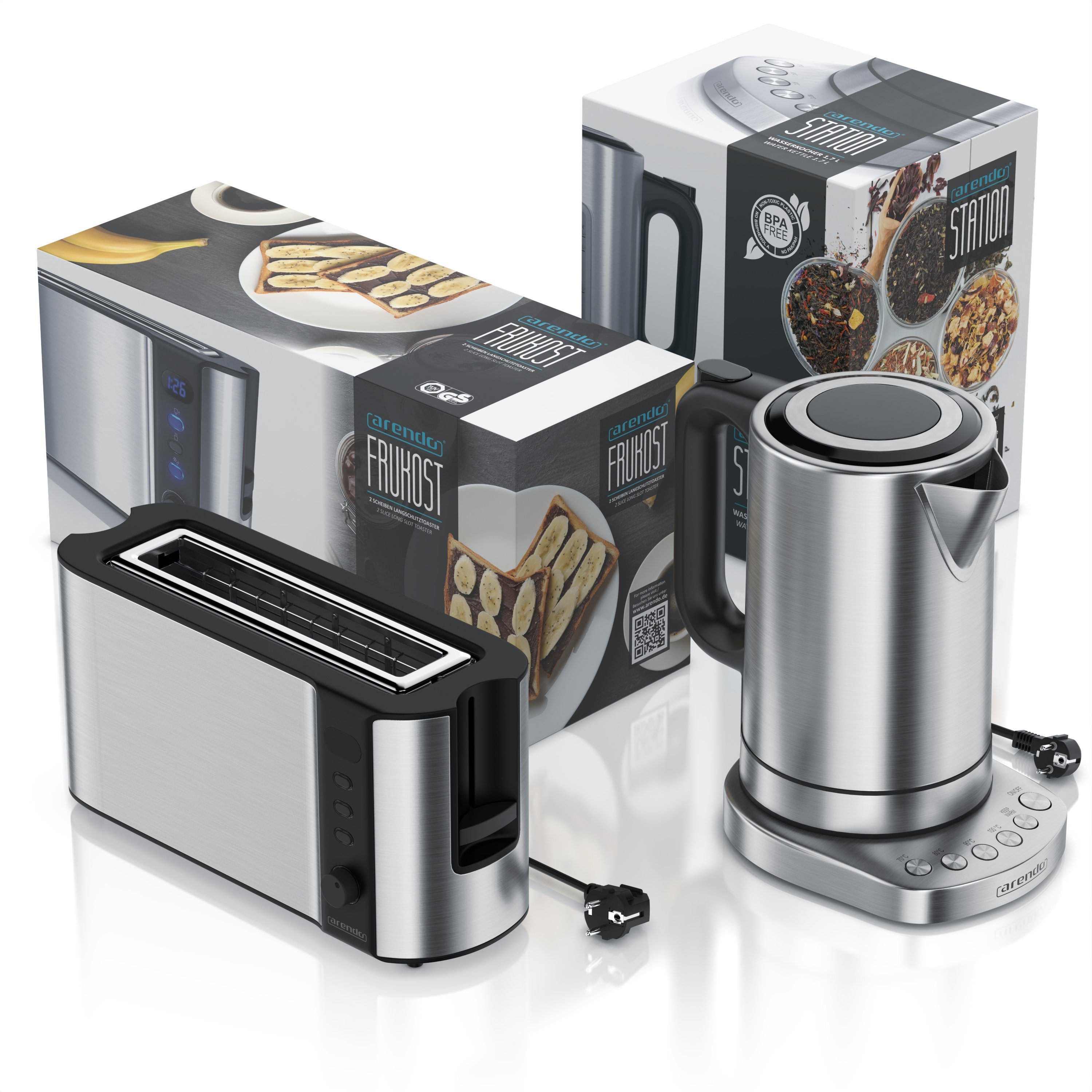 Arendo Frühstücks-Set (2-tlg), Wasserkocher 1,7l mit Temperaturauswahl & Toaster, Edelstahl