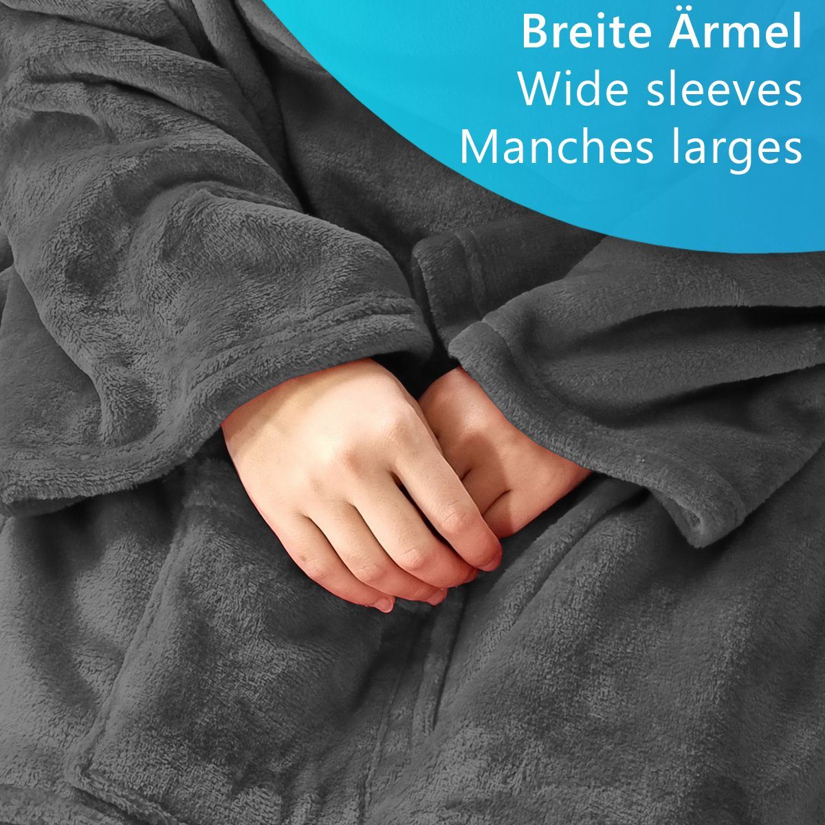 Wohndecke Ärmeldecke CozyWear mit wärmender Sherpa Innenseite Luxus TV Decke, NYVI, Tragbare Flannell Kuscheldecke mit Ärmeln, 2 Brusttaschen & Fußtasche