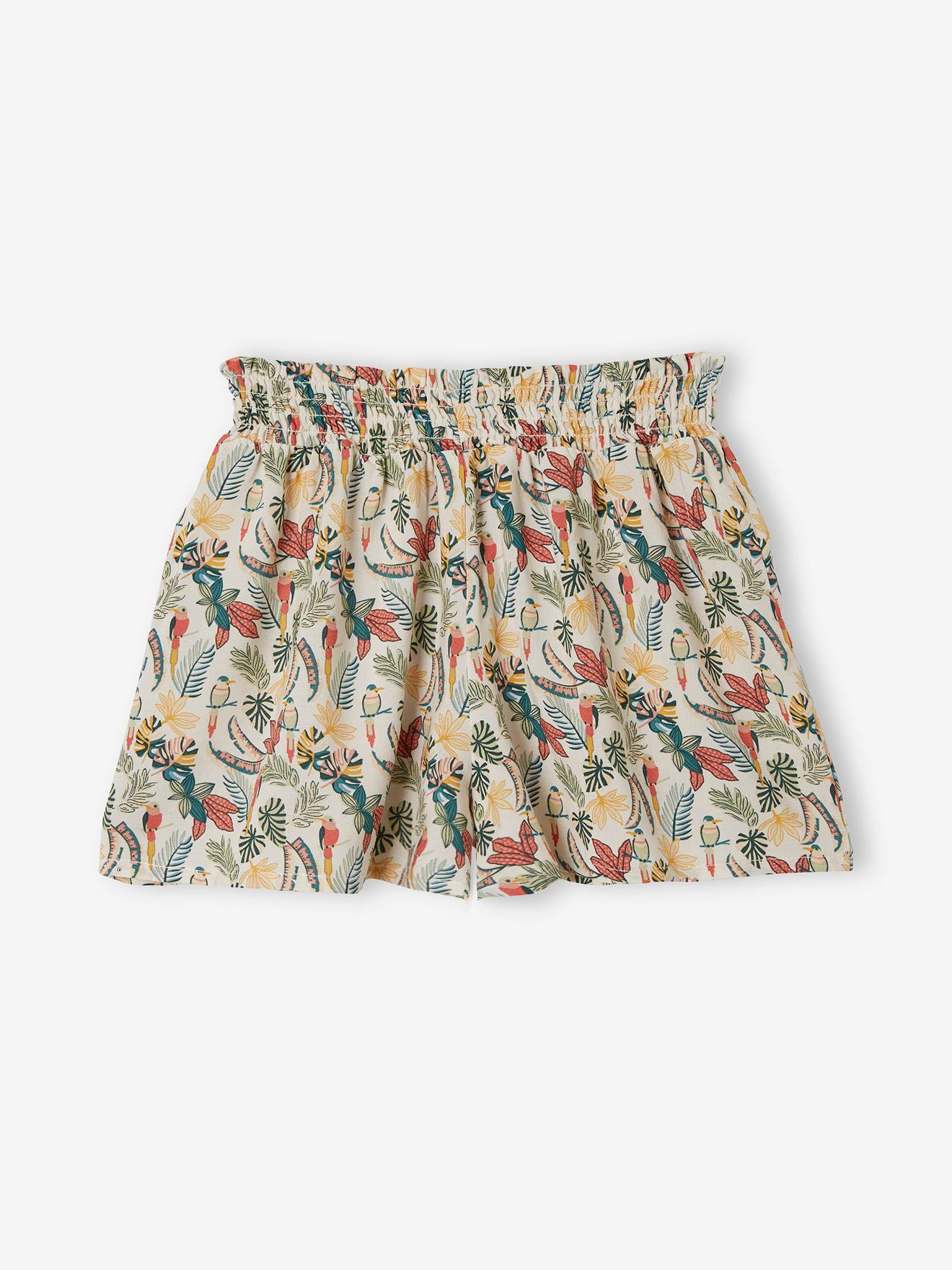 Short fluide effet jupe fille taille smockée beige imprimé