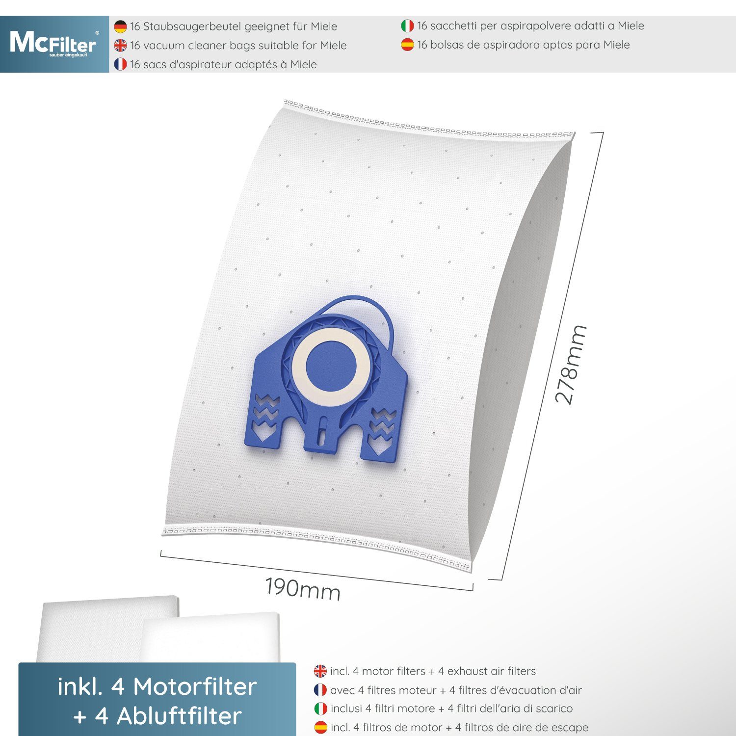 McFilter Staubsaugerbeutel >MAXI BOX< (16+8), passend für Miele Staubsauger GN Serie, S2 S4 S5 S6 S8, Complete C2/C3, Classic C1, wie 10408410, 16 St., inkl. 8 Filter, Top Miele Alternative zu 9917730
