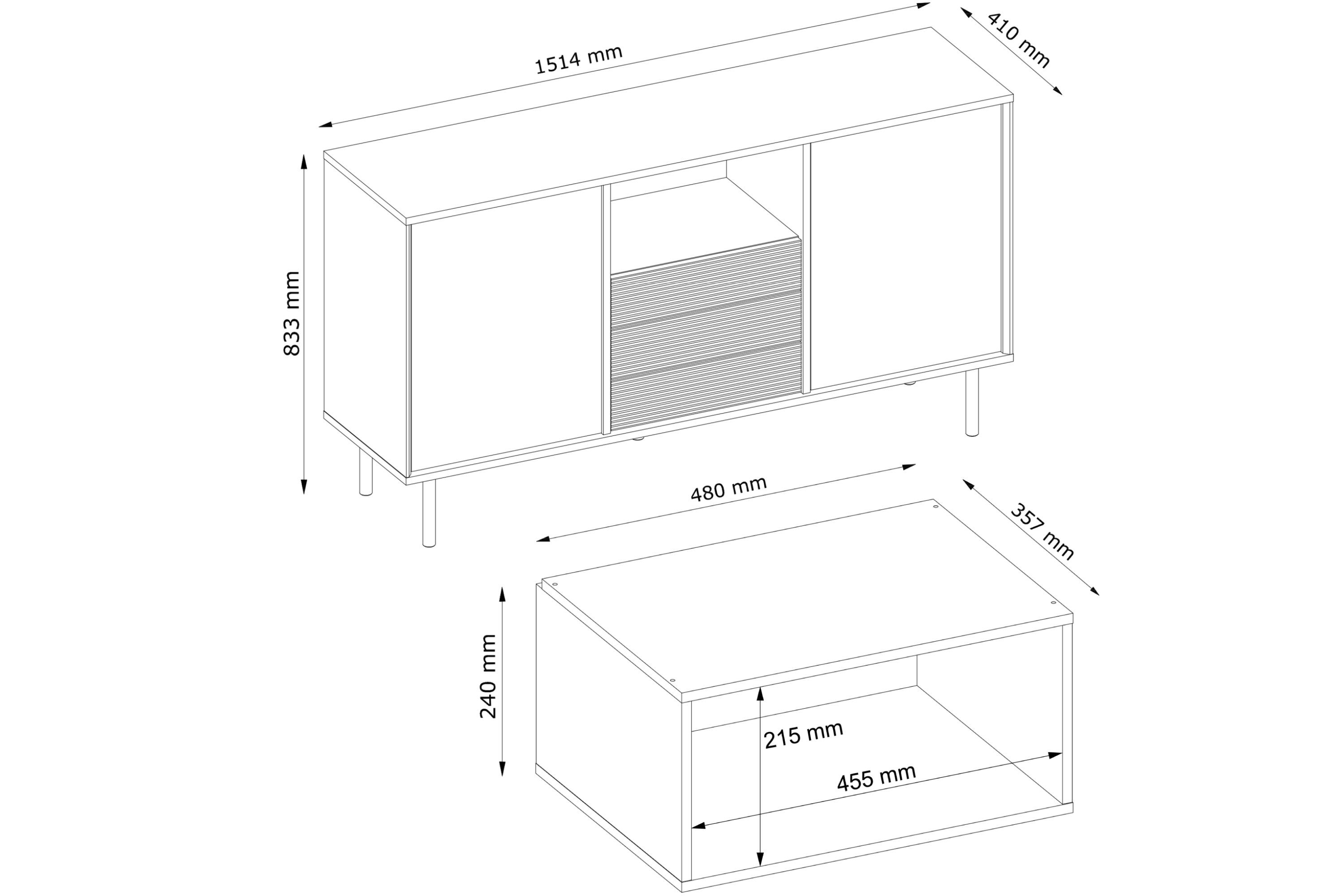 Konsimo Kombikommode LOFTY Sideboard Türkommode mit Schubladen industrial Style, Breite 151 cm, geriffelte Front, Holz, mit Schubladen