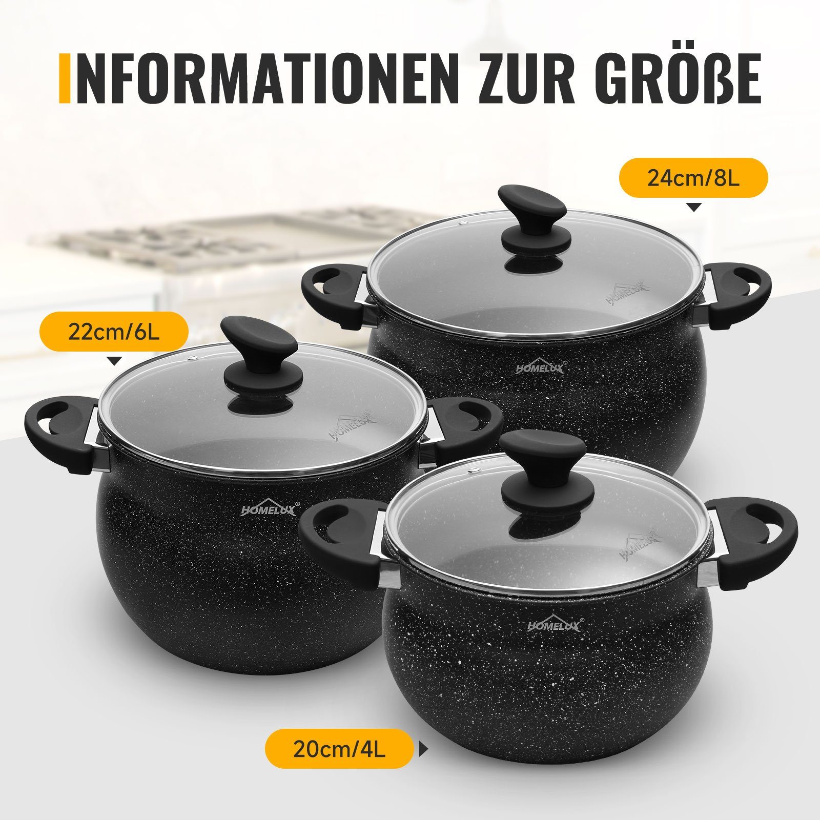HOMELUX Topf-Set Topf-Set 6 tlg Suppentöpfe Set, Kochtopf Induktions mit Glasdeckel, Aluminium (für alle Herdarten, 6-tlg), induktionsgeeignet, Antihaftbeschichtung