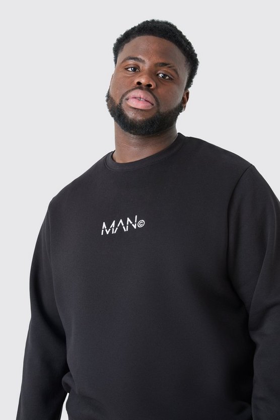 Plus Man-Dash Rundhals Sweatshirt in Schwarz