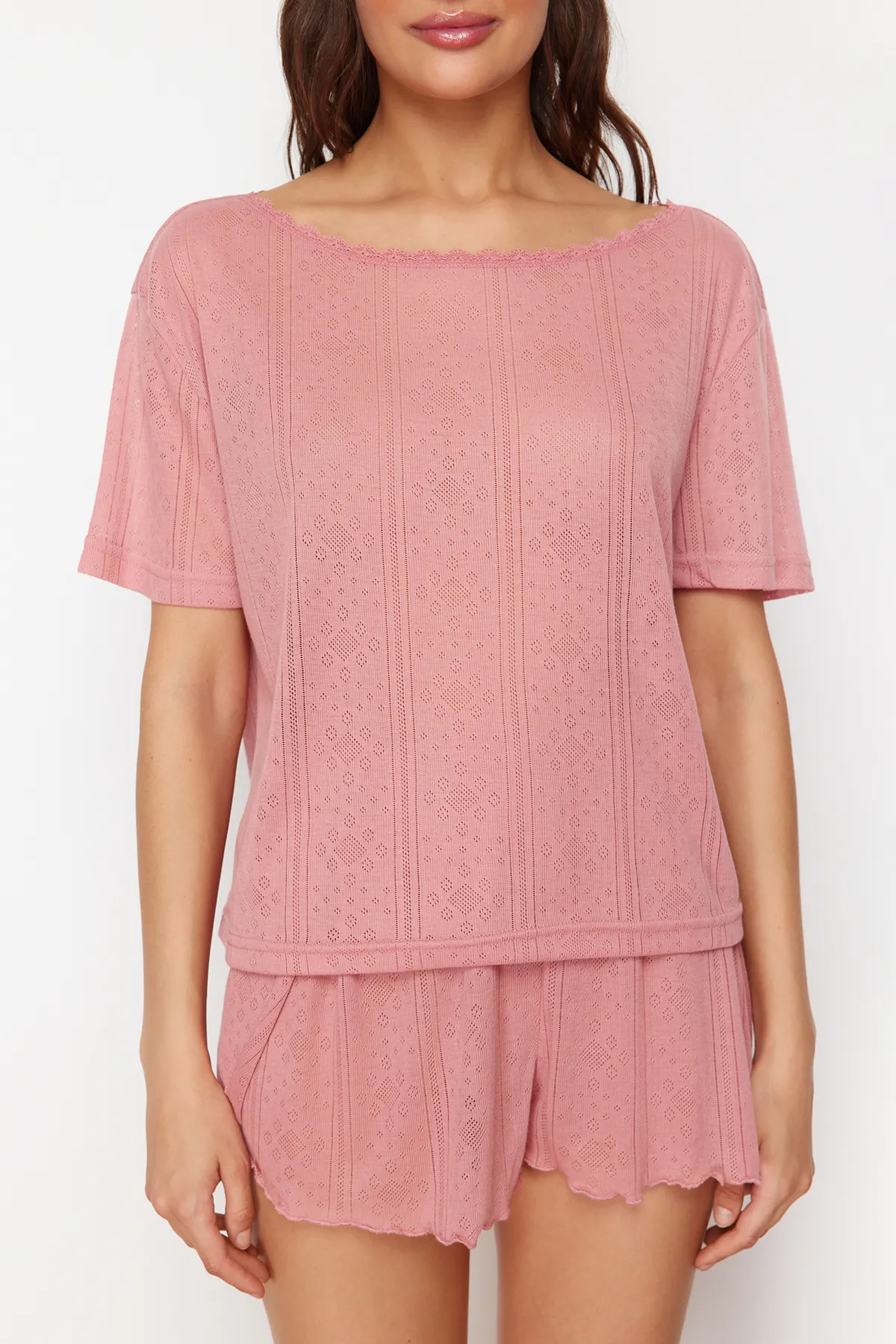 Trendyol Collection  Mehrfarbiges Pyjama-Oberteil aus Pointel-Strick mit Lochmuster im 2er-Pack THMSS24PT00276