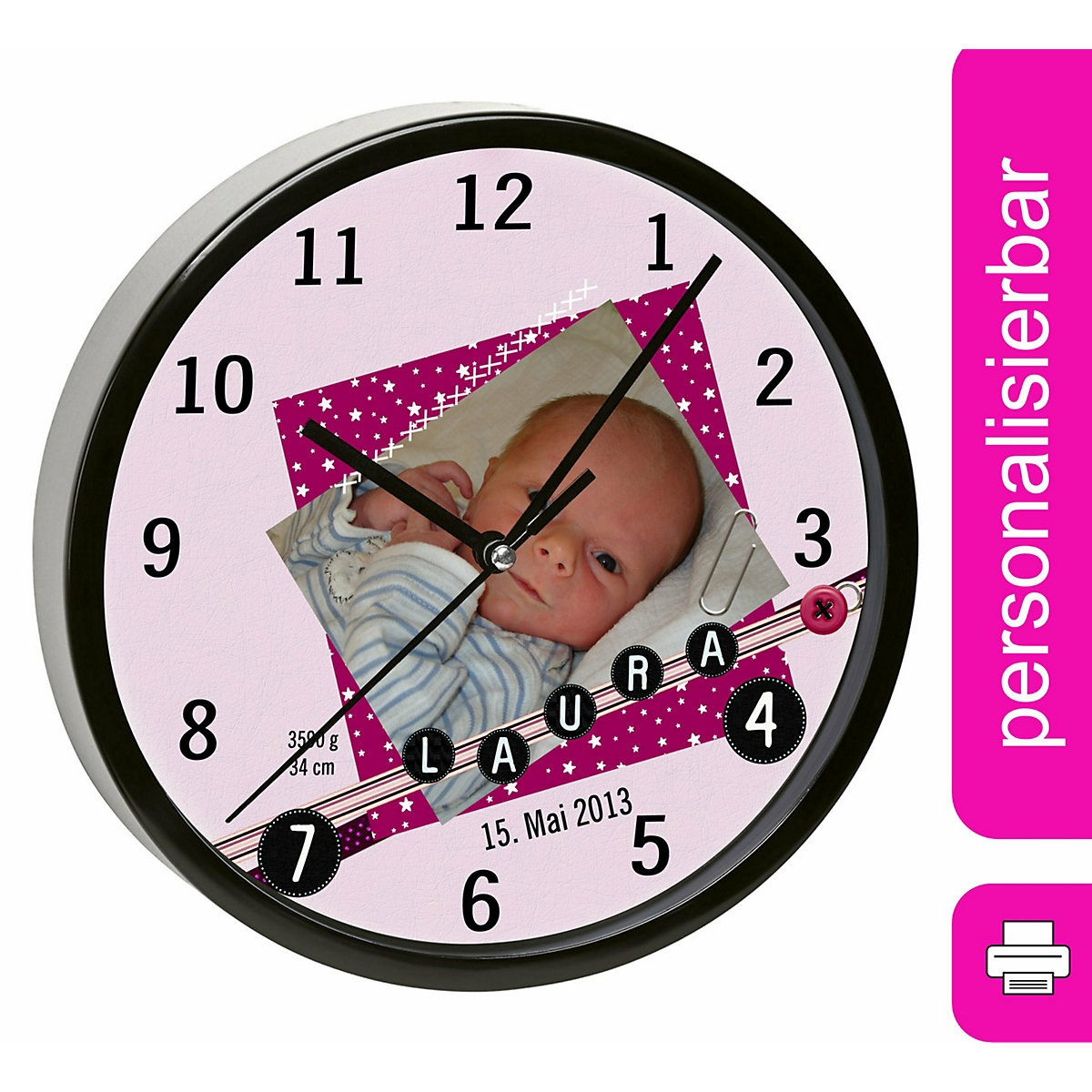 Kinder Wanduhr personalisiert mit Name Scrapbooking rosa