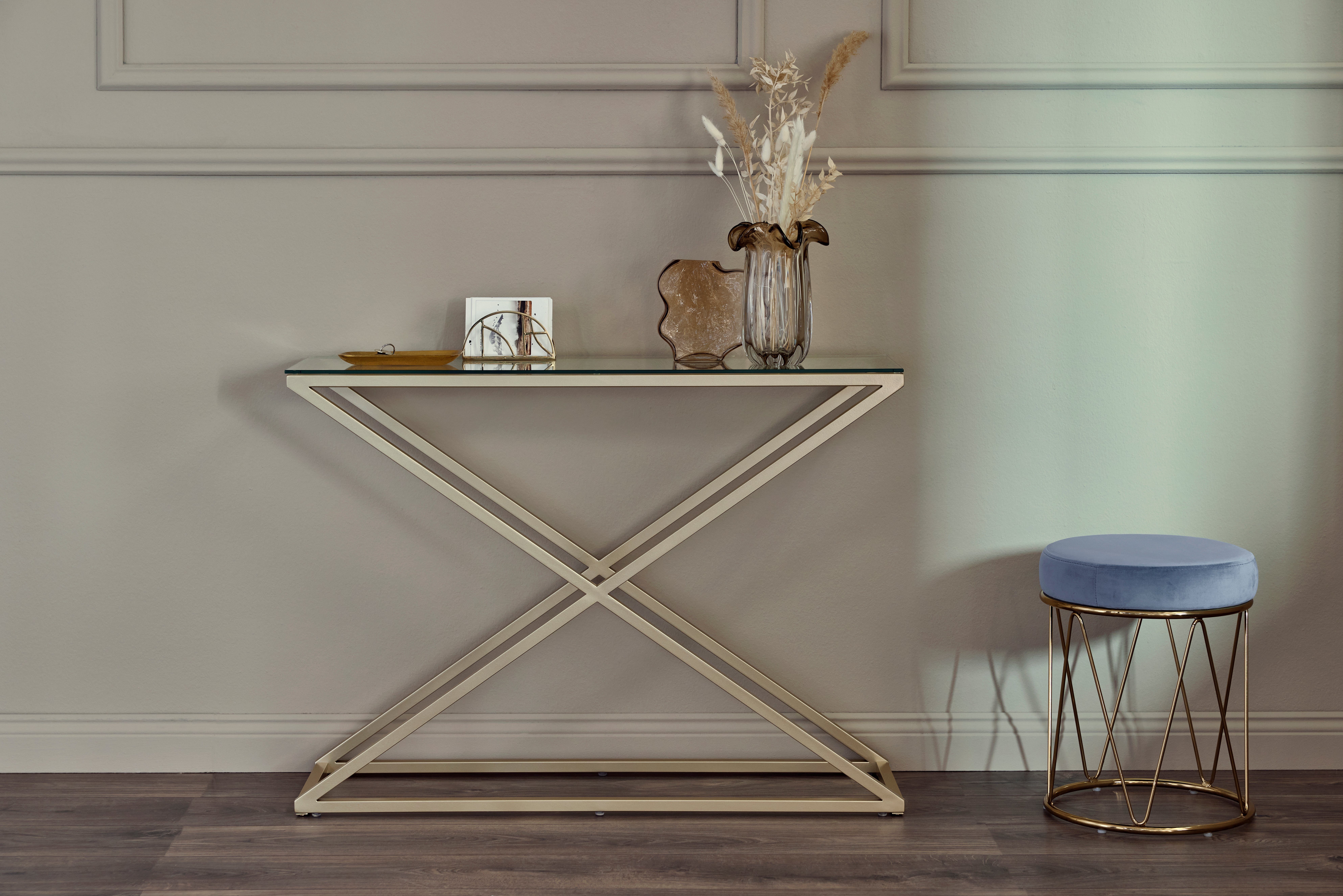 Jahnke Konsolentisch XTRA CONSOLE (1-St), Konsole/Beistelltisch in Gold-Look, aus Sicherheitsglas gefertigt