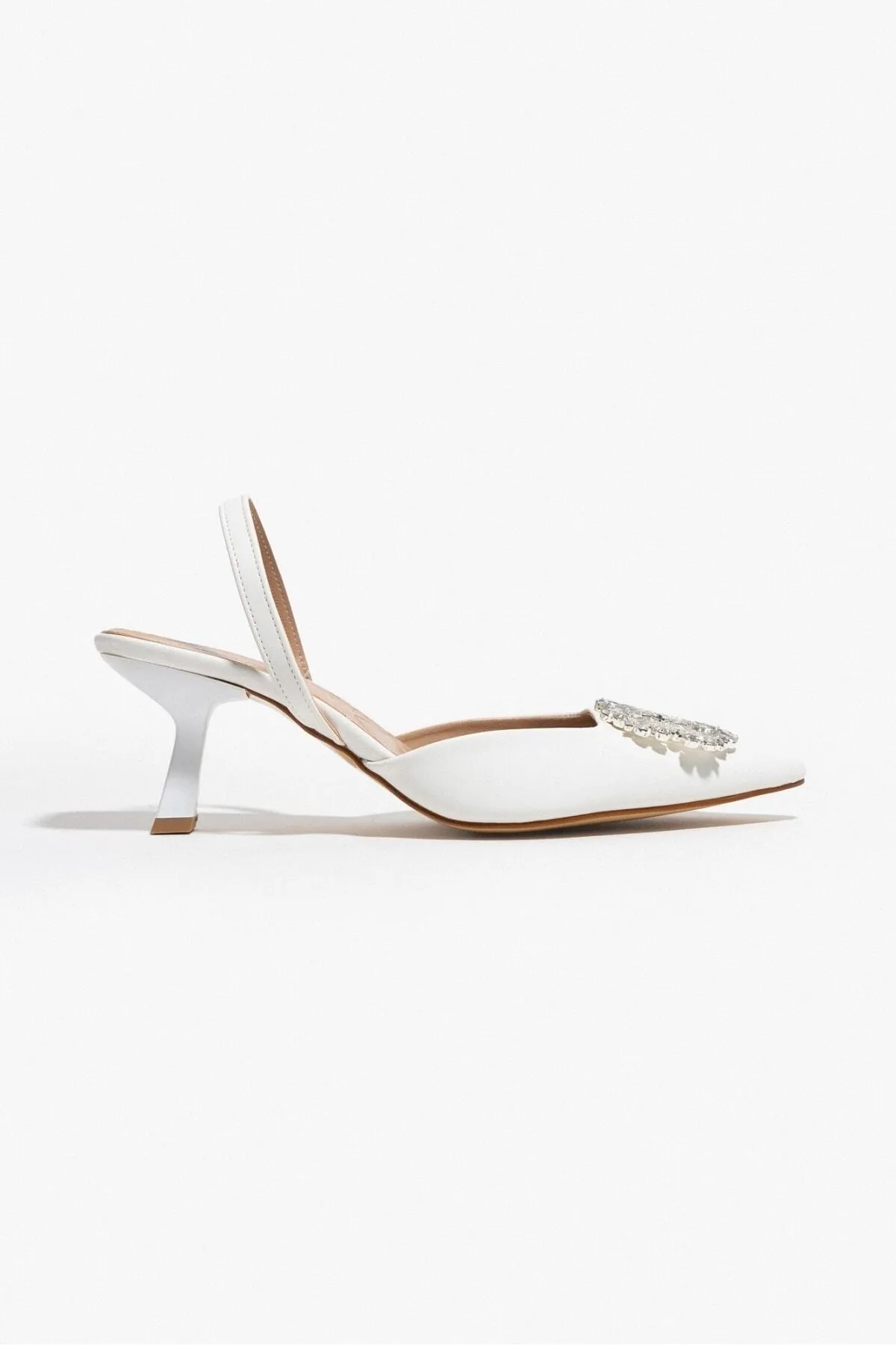 NİŞANTAŞI SHOES  Penny White Matte Stone Detail Pointed Toe Damen-Schuhe mit Absatz