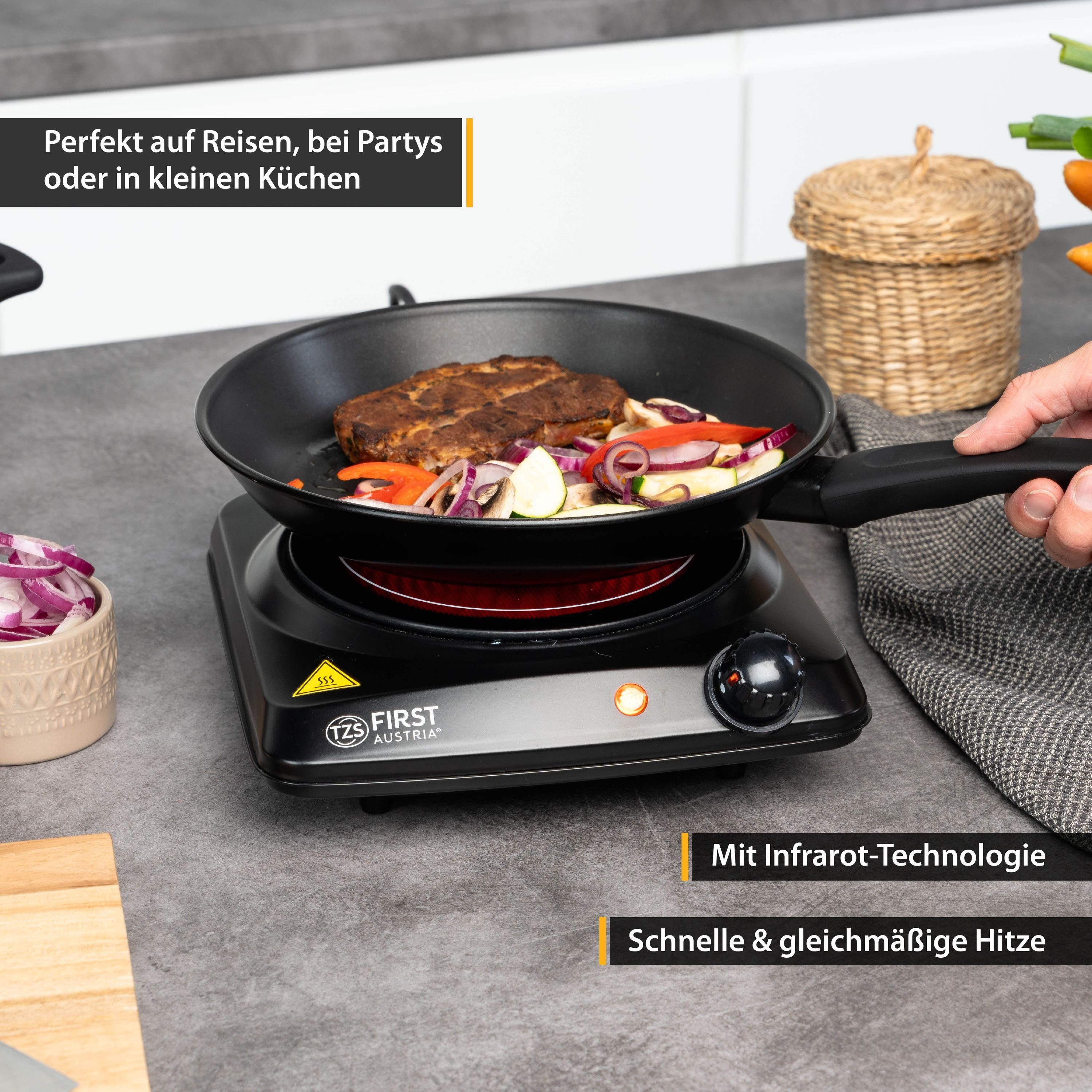 TZS FIRST AUSTRIA Doppelkochplatte Einzelkochplatte 1200W, Glaskeramik, Kochplatte, Herdplatte Camping, 1200W, stufenloser Temperaturregelung, mobile Kochplatte, 17,5 cm