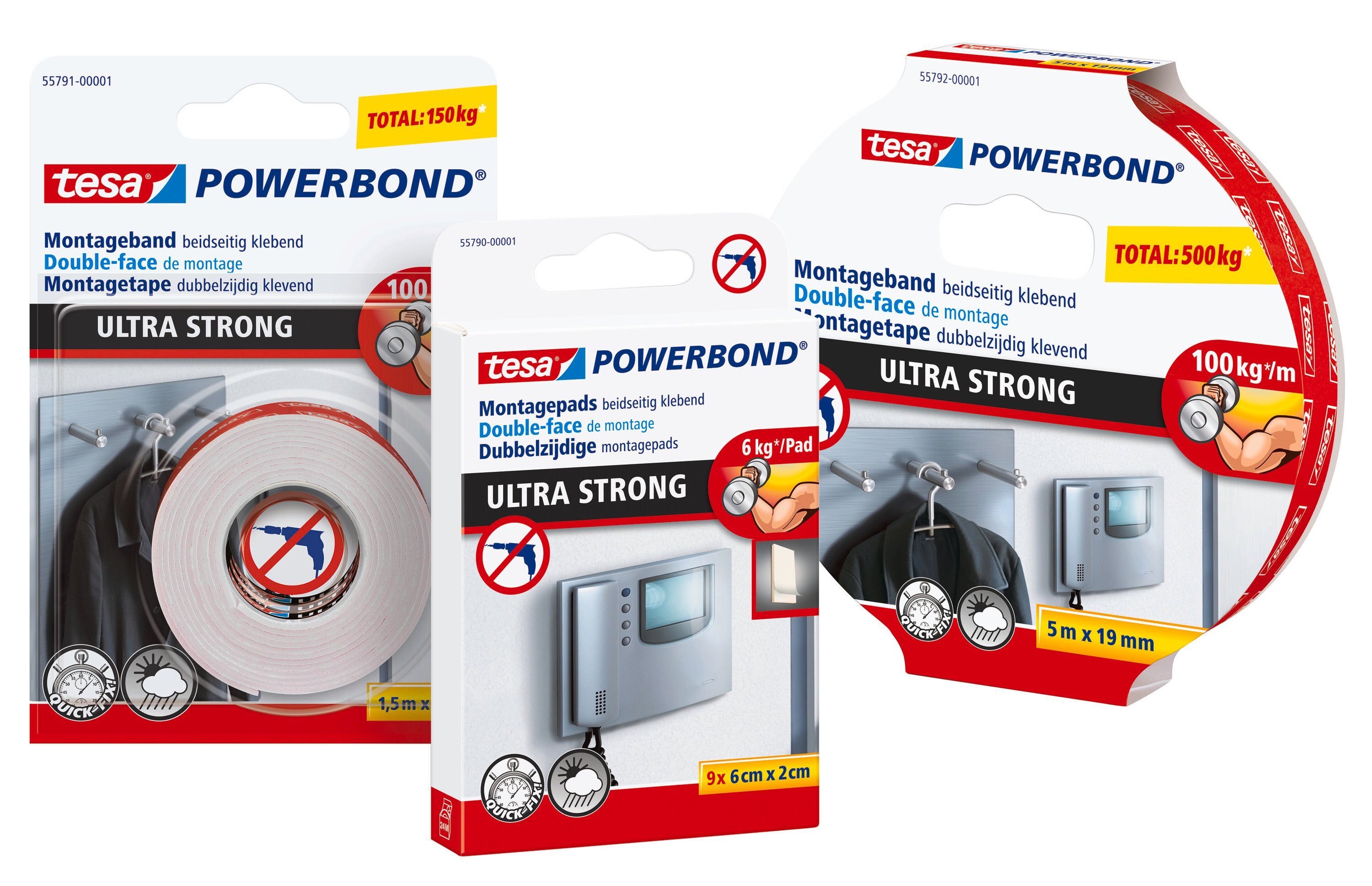 tesa Doppelklebeband POWERBOND Ultra Strong Doppelseitiges Klebeband (Packung, 1-St) extra stark klebend - 1,5 m : 19 mm