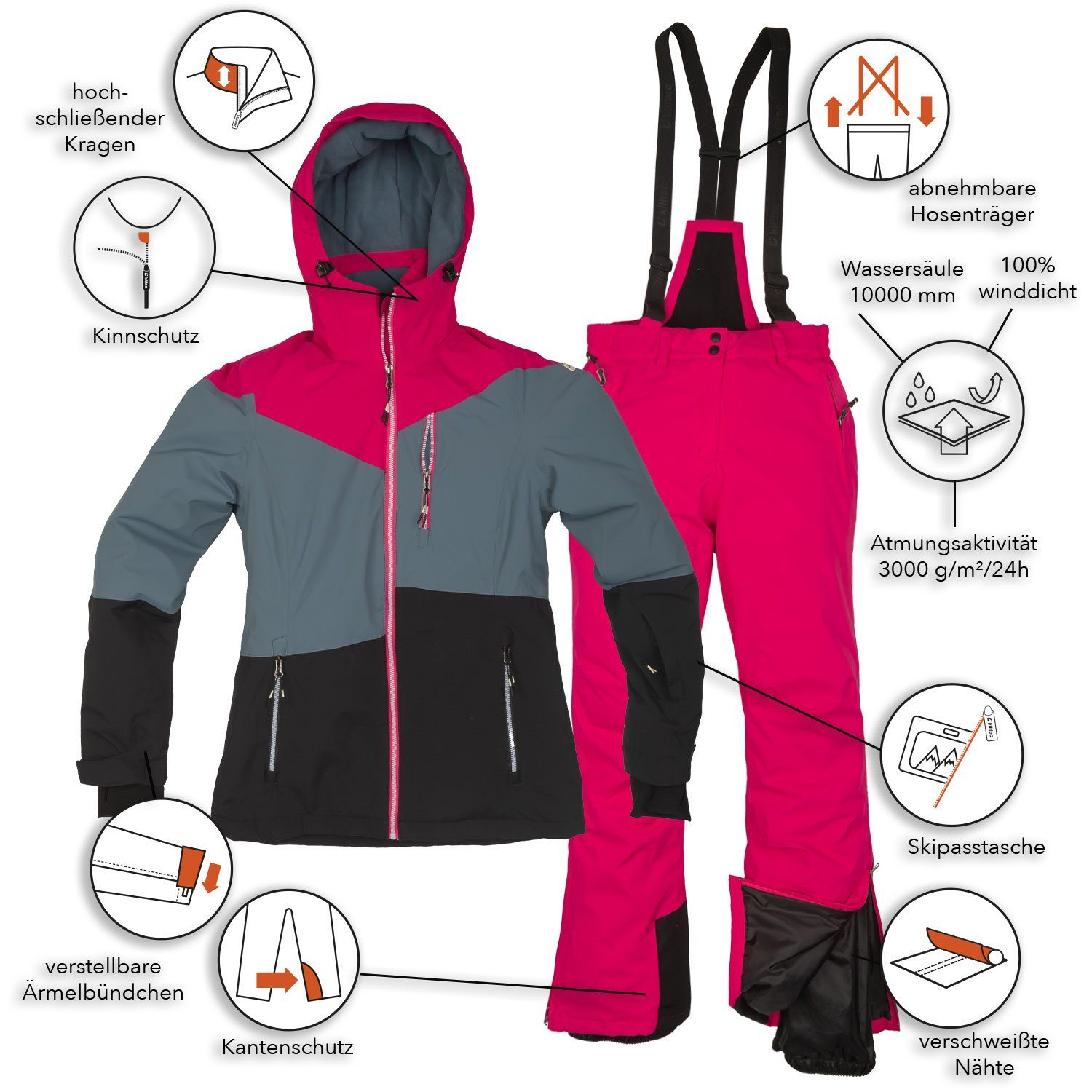 Killtec Skianzug Damen Skijacke blau-grau + Skihose pink Größenwahl (Gr. 36)