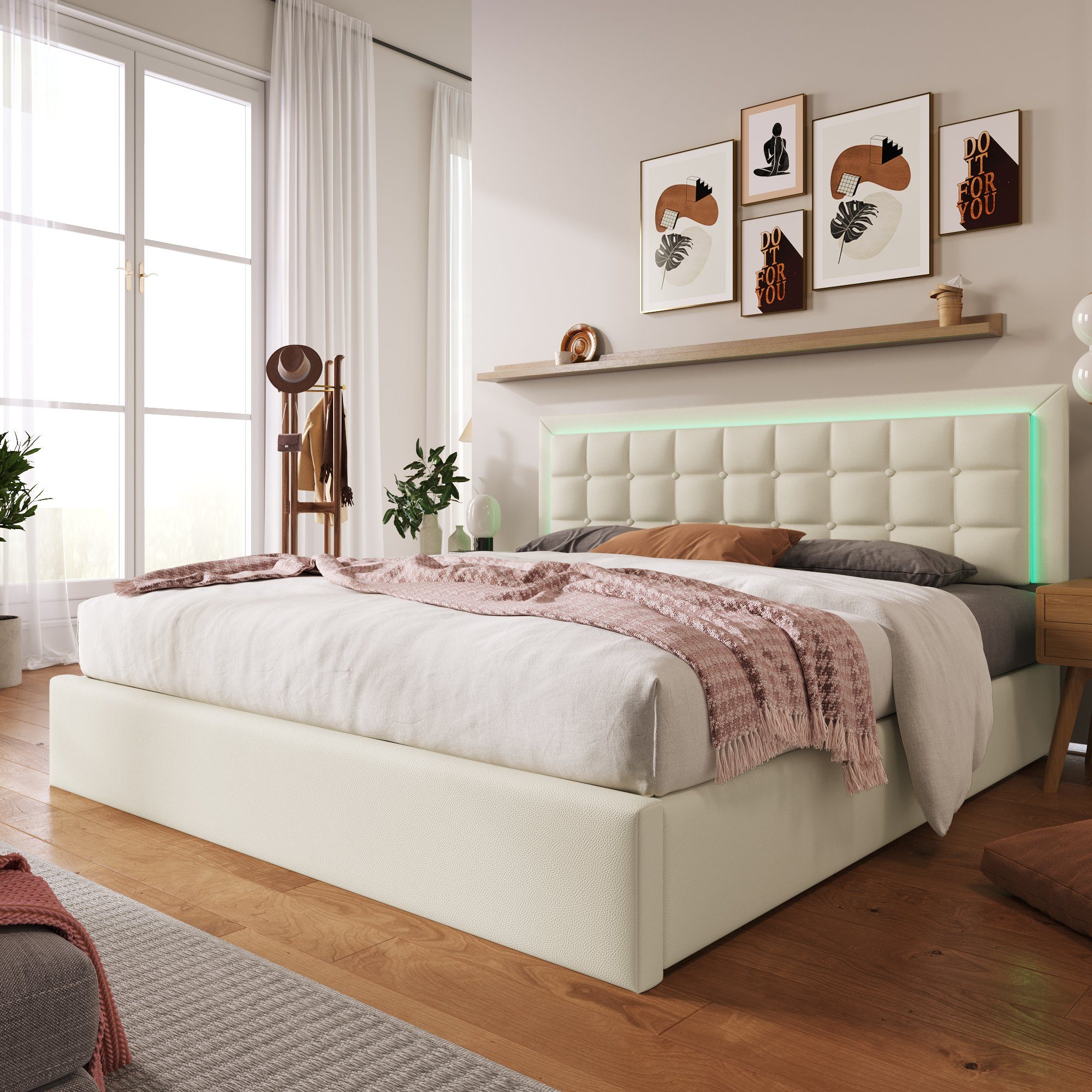 Ulife Polsterbett Weiß Doppelbett LED-Beleuchtung Kunstleder mit Stauraum, 140 X 200 cm