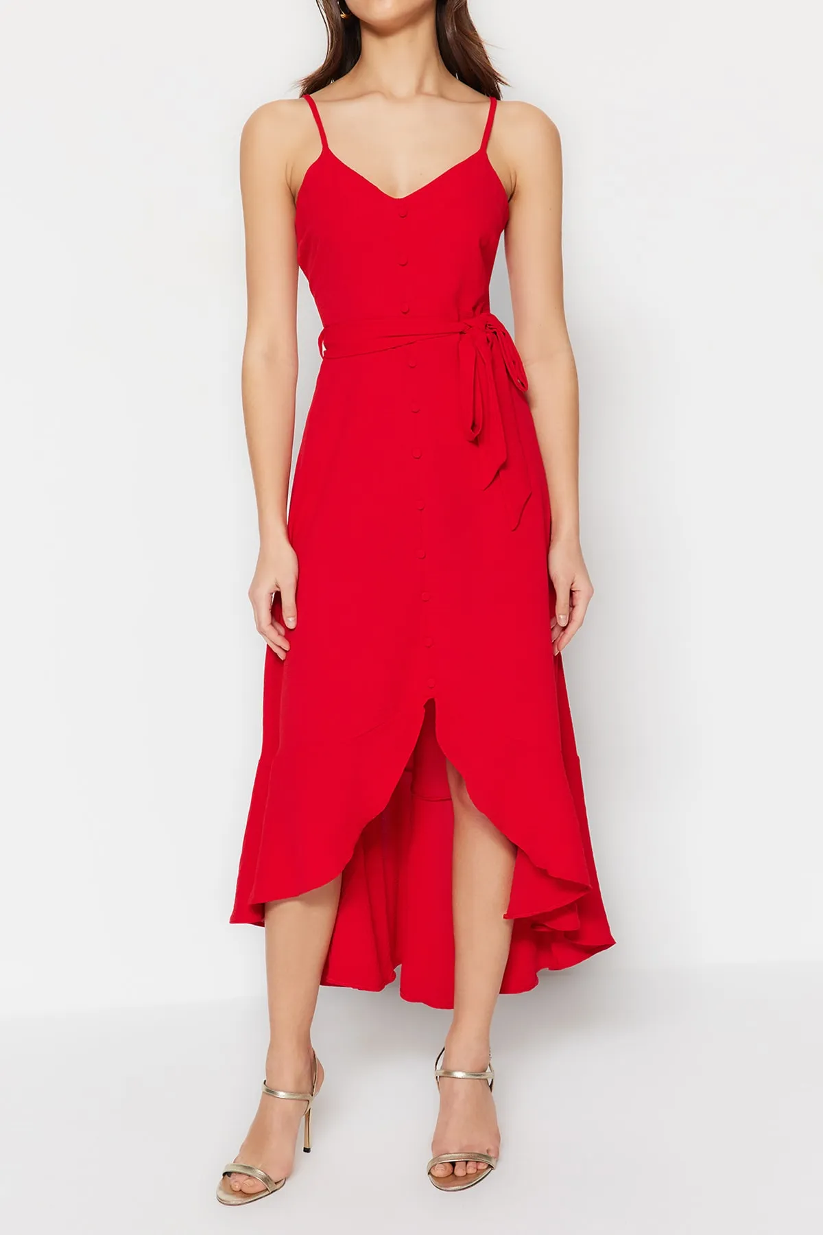 Trendyol Collection  Rotes, gewebtes Maxikleid in A-Linie/Glockenform mit Volant und Gürtel TWOSS23EL02271