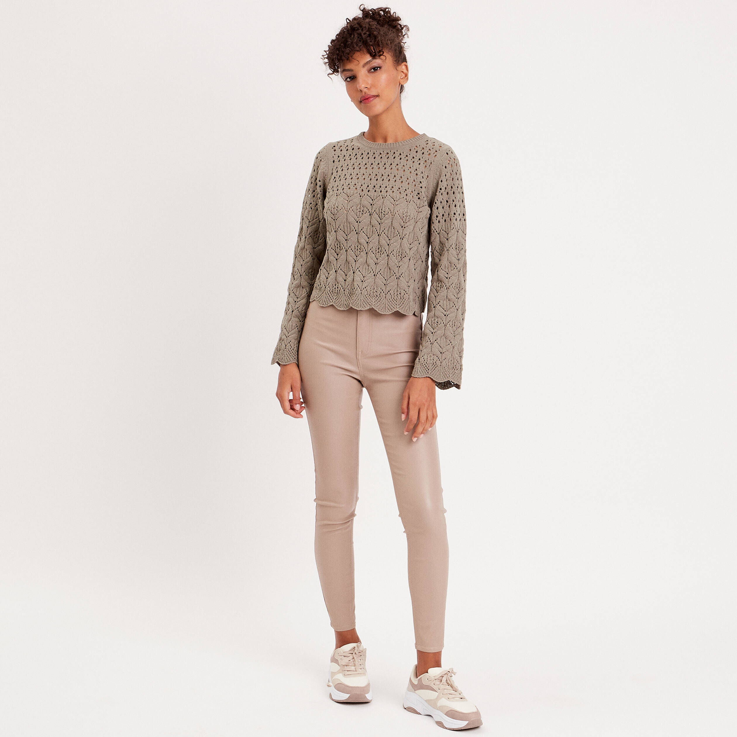 Pull ajouré avec bord festonné vert kaki femme | Cache Cache