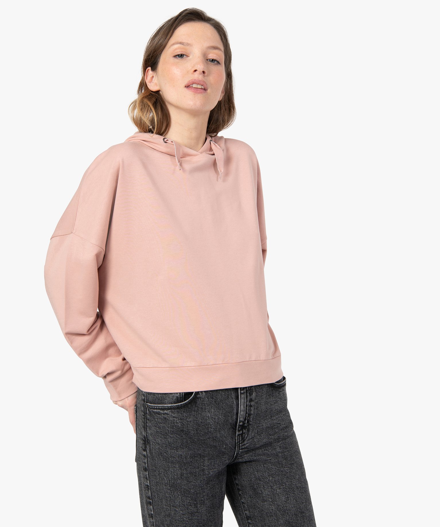 Sweat femme à capuche coupe large et courte gris | GEMO