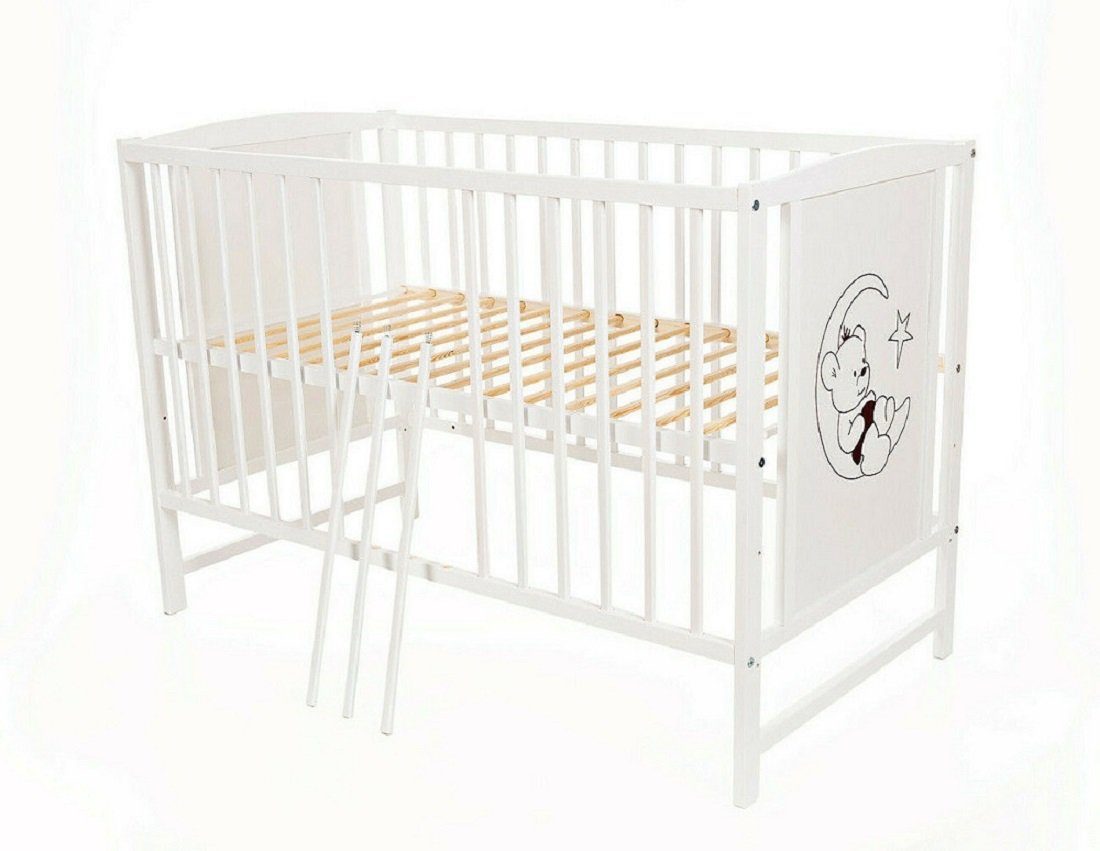 Babyhafen Komplettbett 60 × 120 cm Babybett Teddy auf dem Mond Gitterbett Kinderbett, inkl. Matratze, Himmel, Nestchen & Bettwäsche