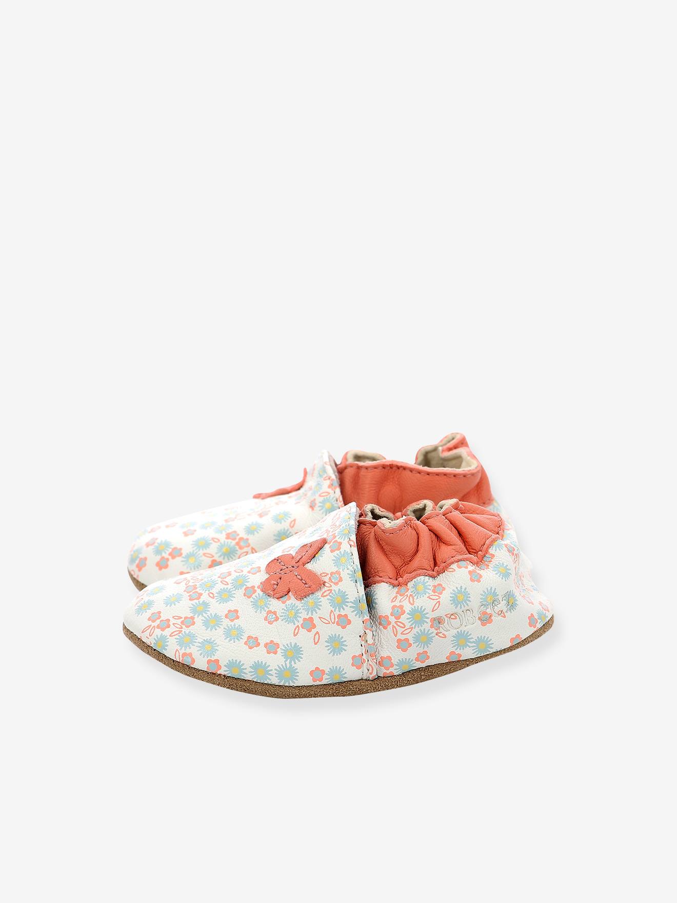 Chaussons cuir souple bébé Daisy Summer ROBEEZ© blanc imprimé