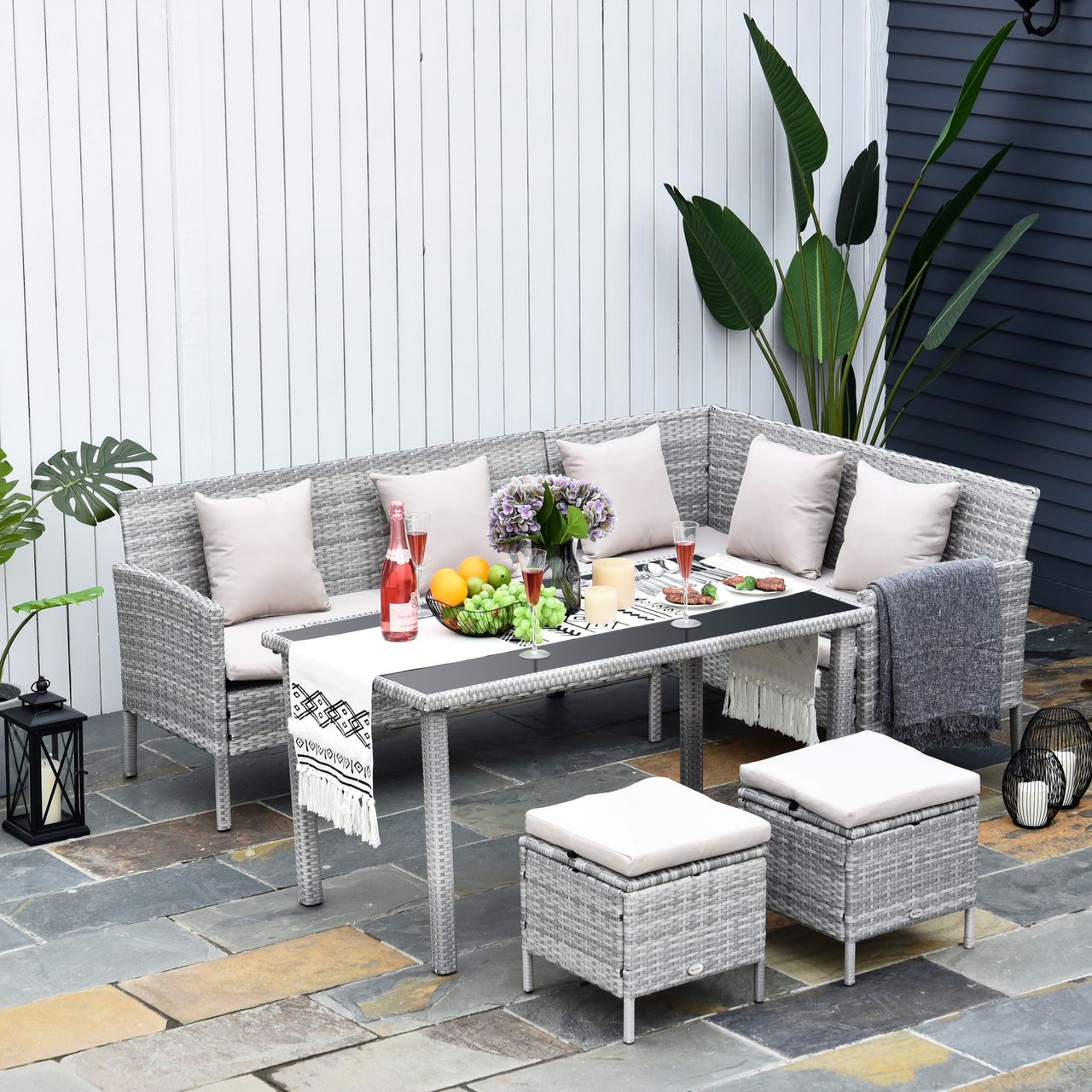 Outsunny 5-tlg. Gartenmöbel Set Rattan Sitzgruppe mit Fußhocker Metall Grau 134 x 60 x 75 cm