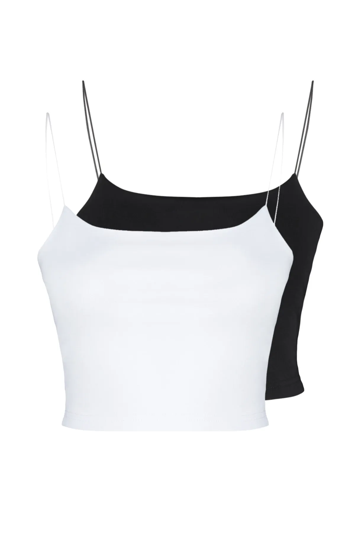 Trendyol Collection  Schwarz-weißes 2er-Pack Baumwoll-Spaghettiträger-Kurz-Tanktop aus flexiblem Strick TWOSS21AL0196