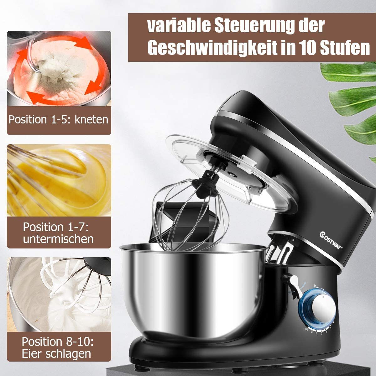 COSTWAY Küchenmaschine, 1300 W, 5,50 l Schüssel, 5,5L Schüssel, 3 Aufsätze, 10 Tempos