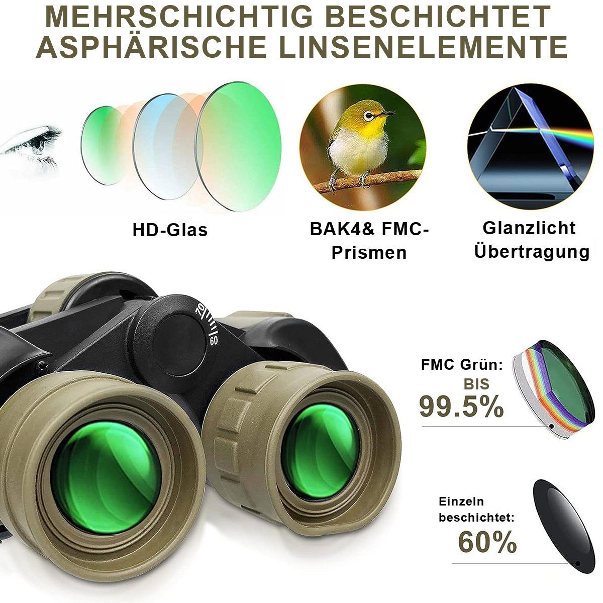 flowgoer Wasserdichte HD-Ferngläser 20x50 (Nachtsicht, Vogelbeobachtung) Fernglas (Kompakte taktische Ferngläser 20x50 HD (Jagd, Wandern)