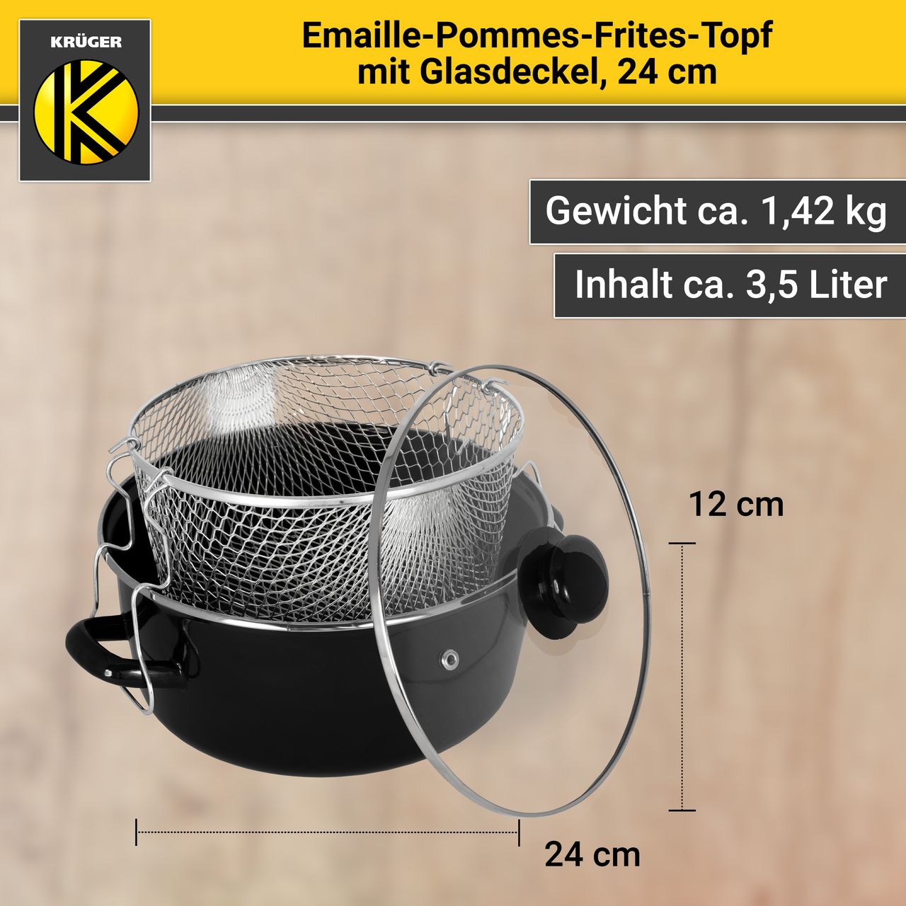 Karl Krüger Emaillierter Pommes-Topf mit Deckel, 24 cm