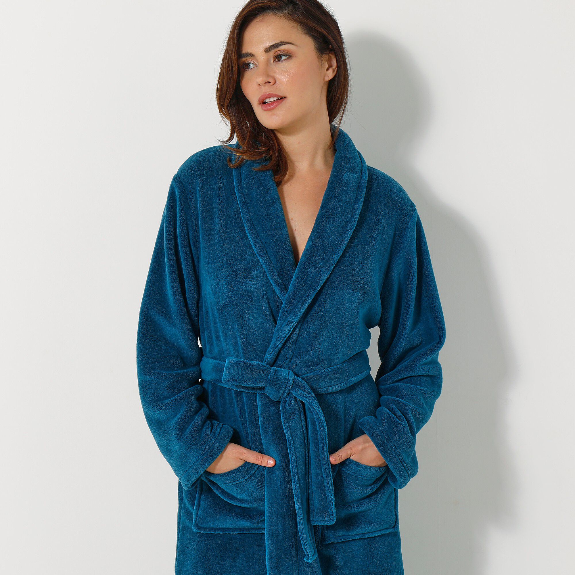 Peignoir mixte adulte col châle, microfibre toucher peluche