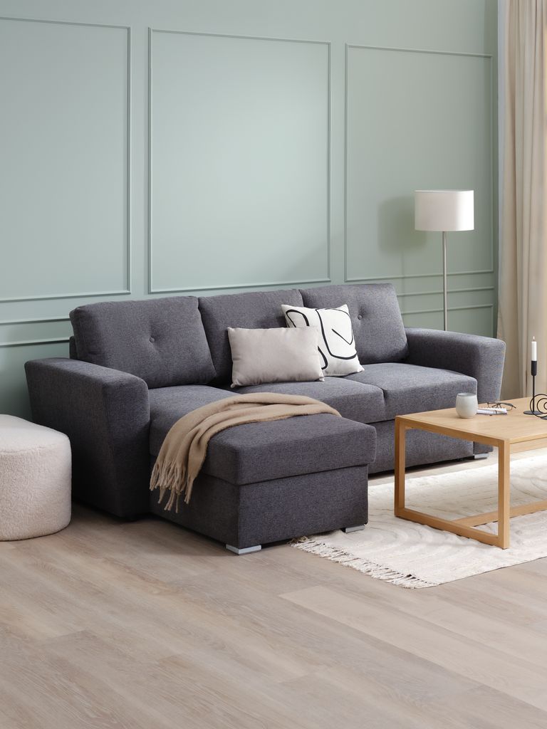 VEJLBY Sofá cama com chaise longue VEJLBY tecido cinza escuro