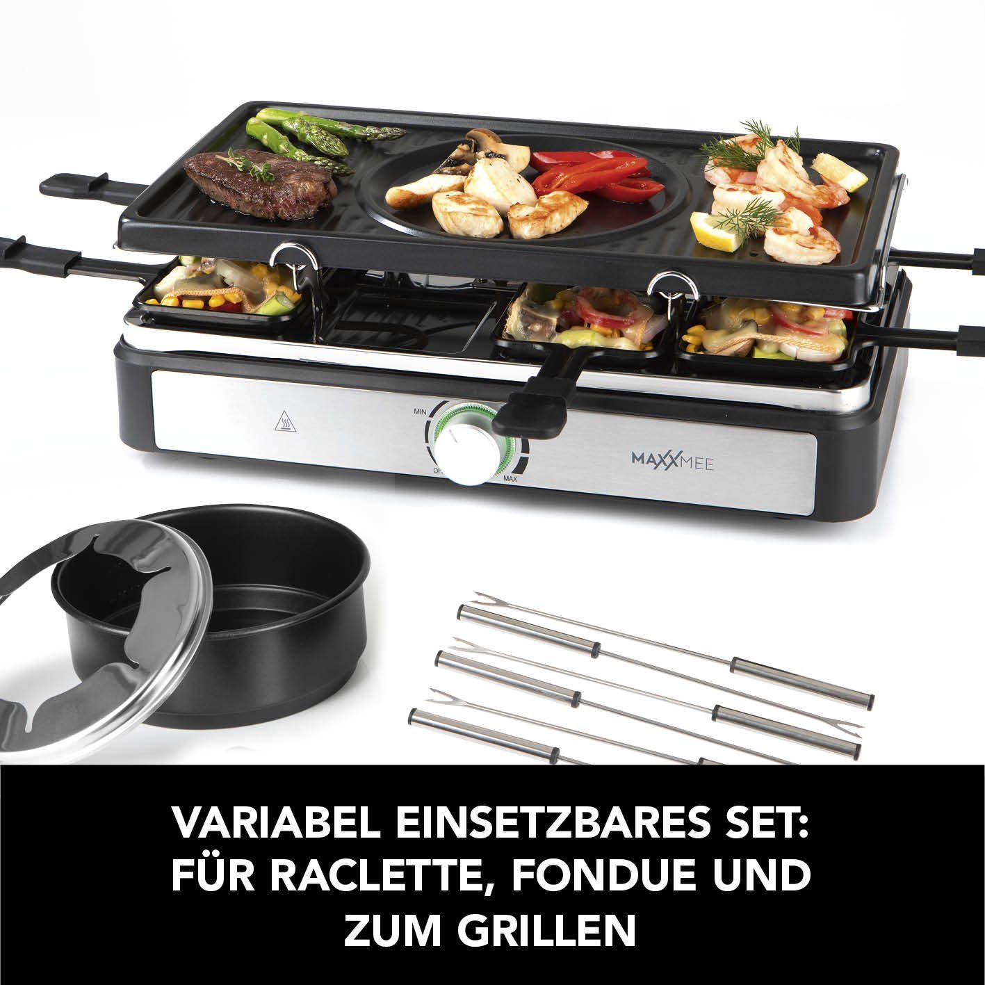 MAXXMEE Raclette und Fondue-Set Antihaft Platte 6 Gabeln & 8 Pfännchen fettarm 44x27cm